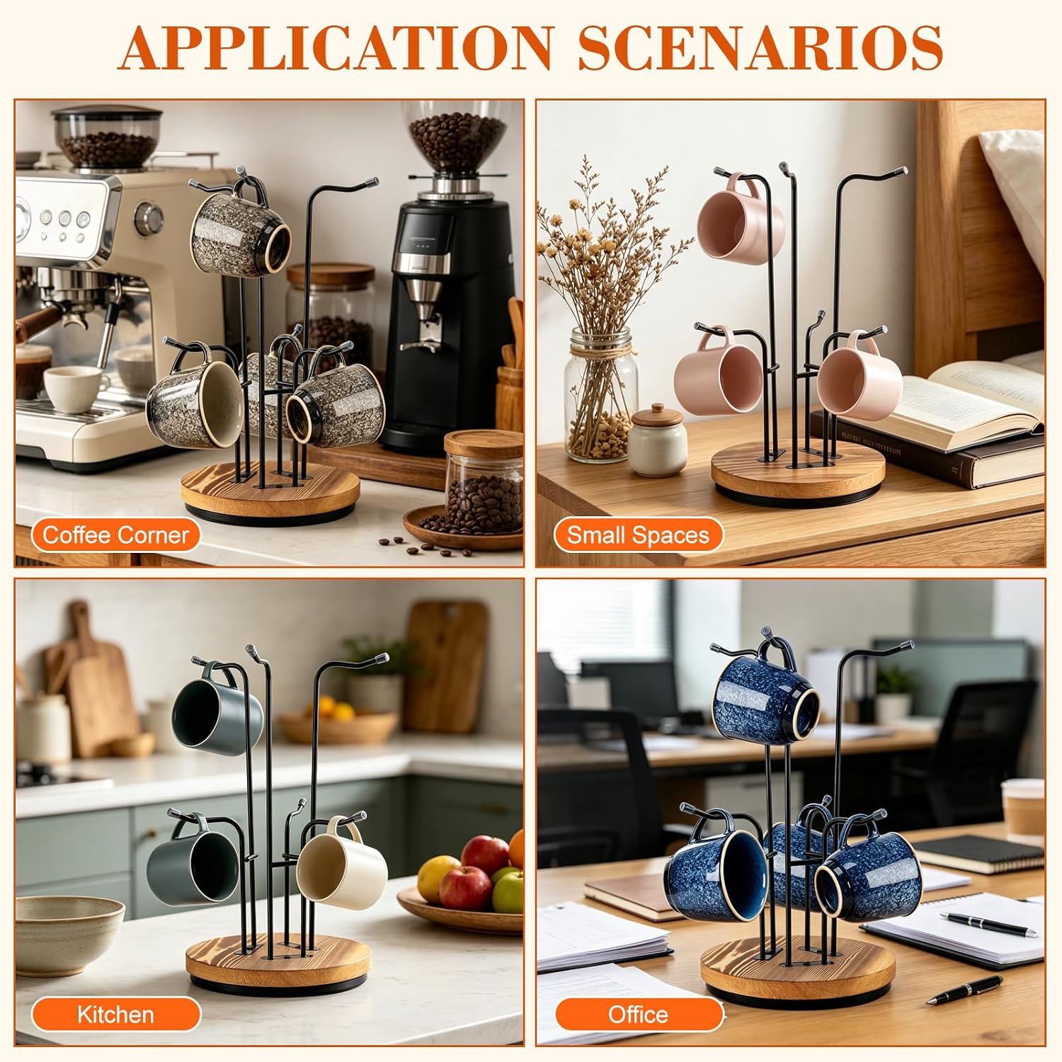 Mug Holder Tree, 360° Rotating Large Coffee Cup Rack, Cup Holder Stand with 6 Hooks for Countertop, Metal Cup Tree Rack with Weighted Wood Base, Kitchen & Coffee Bar Accessories