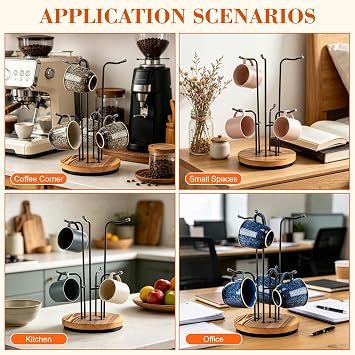 Mug Holder Tree, 360 Rotating Large Coffee Cup Rack, Cup Holder Stand with 6 Hooks for Countertop, Metal Cup Tree Rack with Weighted Wood Base, Kitchen & Coffee Bar Accessories