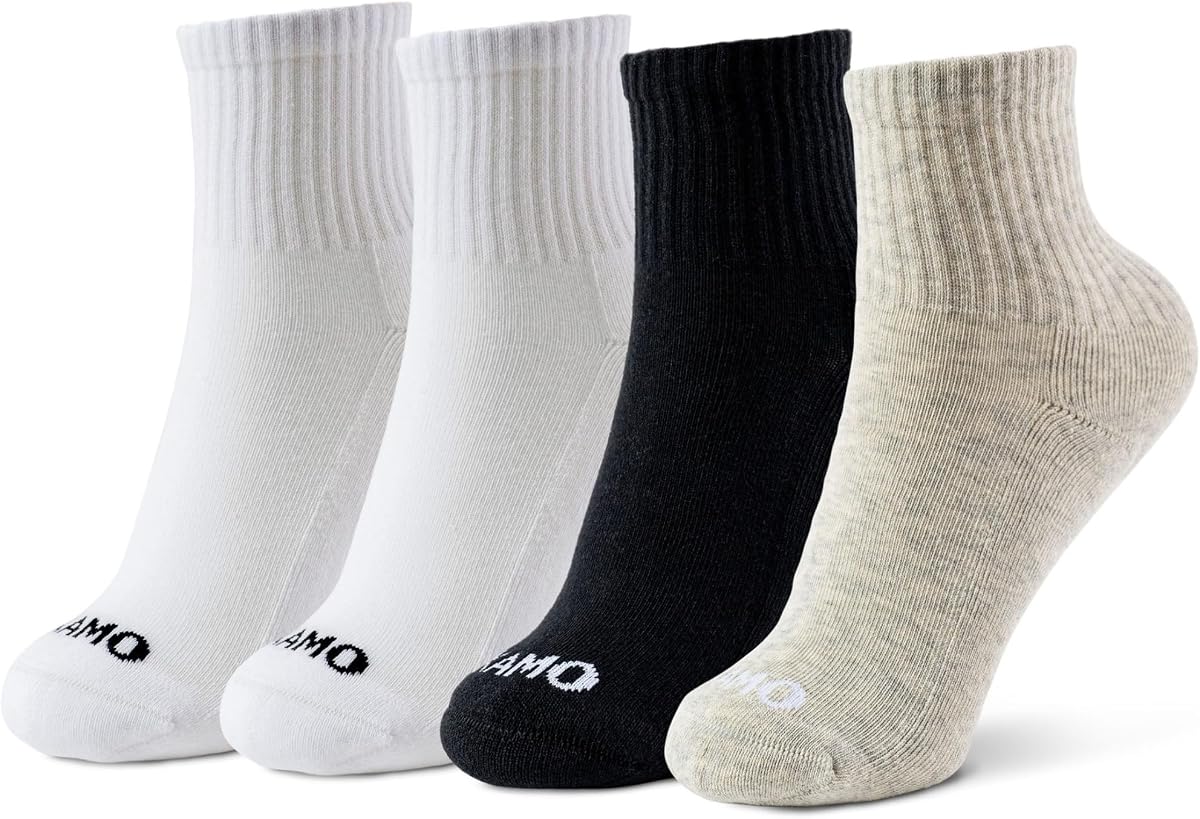 Kamo Fitness Daily Paquete de 4 calcetines tobilleros para mujer, media tripulación de entrenamiento, algodón | Calcetines deportivos de entrenamiento de media tripulación, algodón hasta media pantorrilla, suela acolchada, puntera sin costuras, largo de un cuarto, talla para mujer 5-9, 4 pares