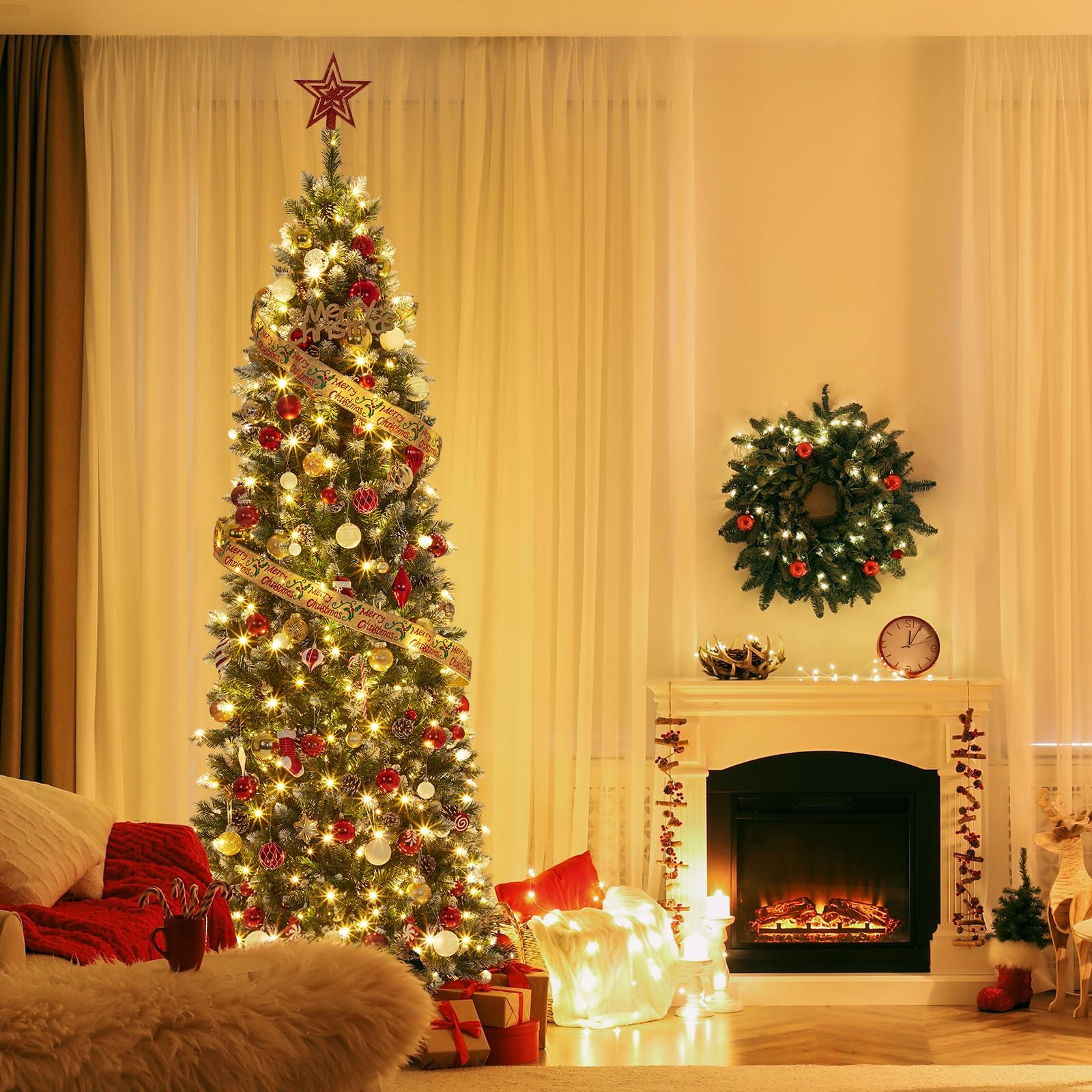 Árbol de Navidad artificial estrecho de 230 cm con iluminación, árbol de Navidad preiluminado, lápiz artificial con conos, agujas y blanco cálido, 350 LED, aprox. 1000 puntas