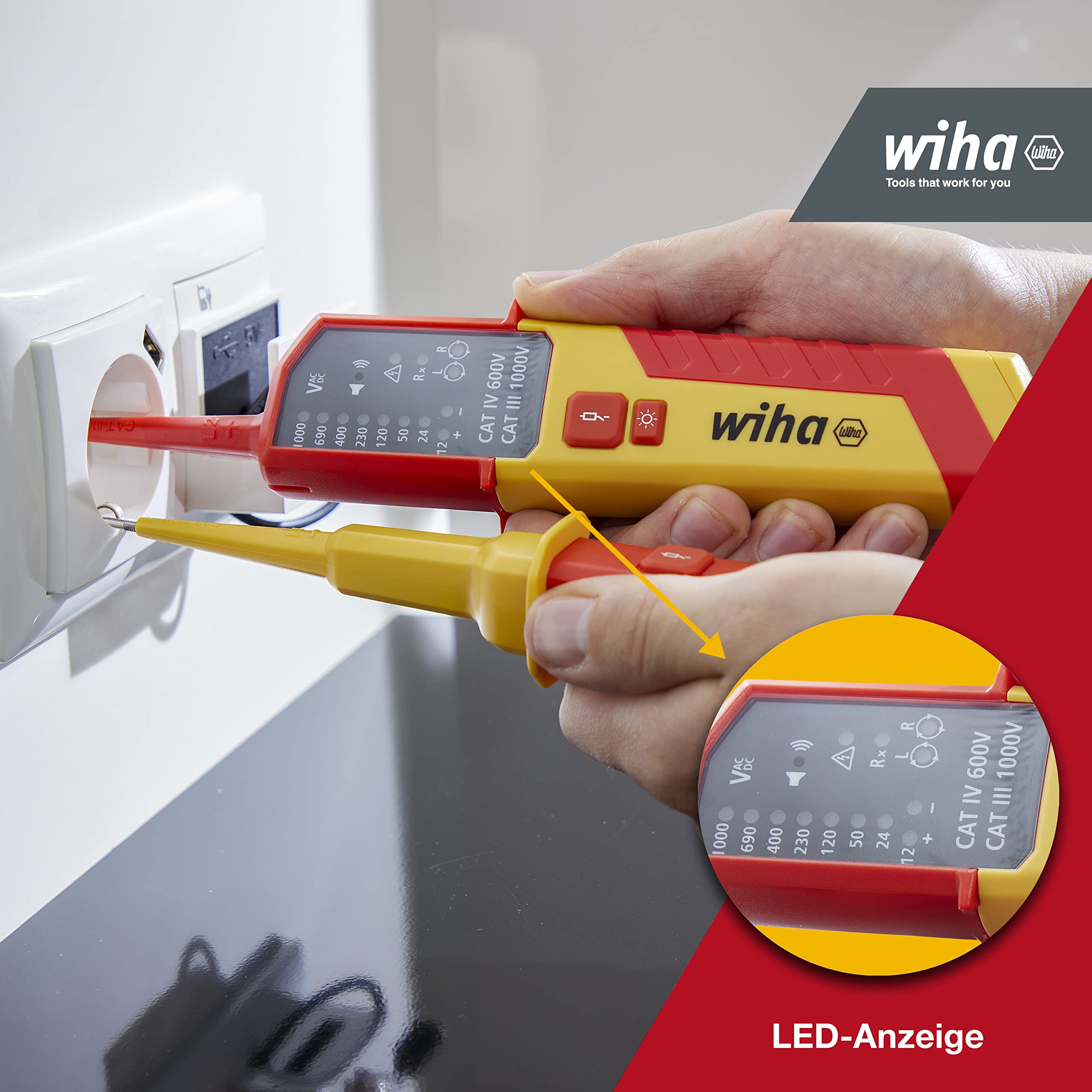 Wiha Tester di tensione e continuità 1500 V, CAT IV con 2 batterie AAA, indicatore LED, test con una sola mano (45216), rosso/giallo | (45216) CAT IV incl. 2 batterie AAA I display LED I tester di tensione bipolare I strumento di misura elettrotecnico