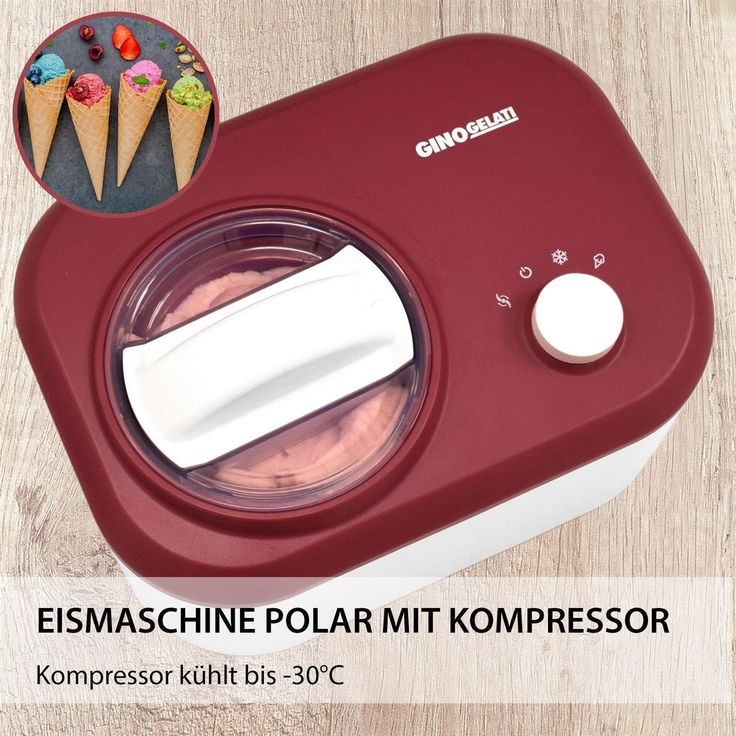 Gino Gelati Eismaschine mit Kompressor Polari Eiscreme Maschine Eisbereiter, 1 Liter, leichte Reinigung, Weiß/Rotes Design, 100 Watt Leistung, 8 Kg Gewicht