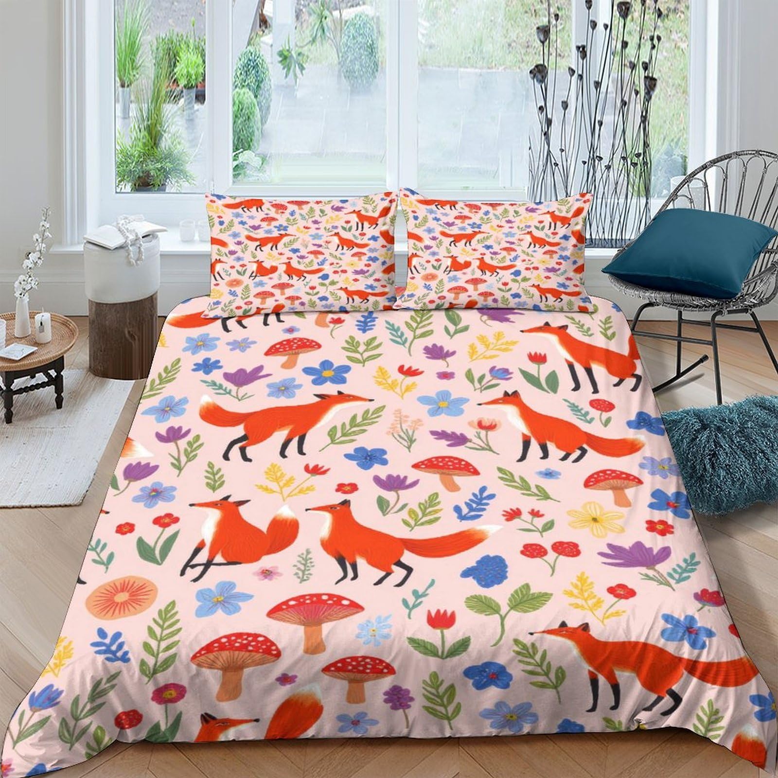Ctjqhvkz Style-2 3D Printed Fox Forest Fitted Sheet Microfiber Soft Non-Slip Wildflower Mattress Cover Bedroom Decor Easy Care Single（135X200cm）