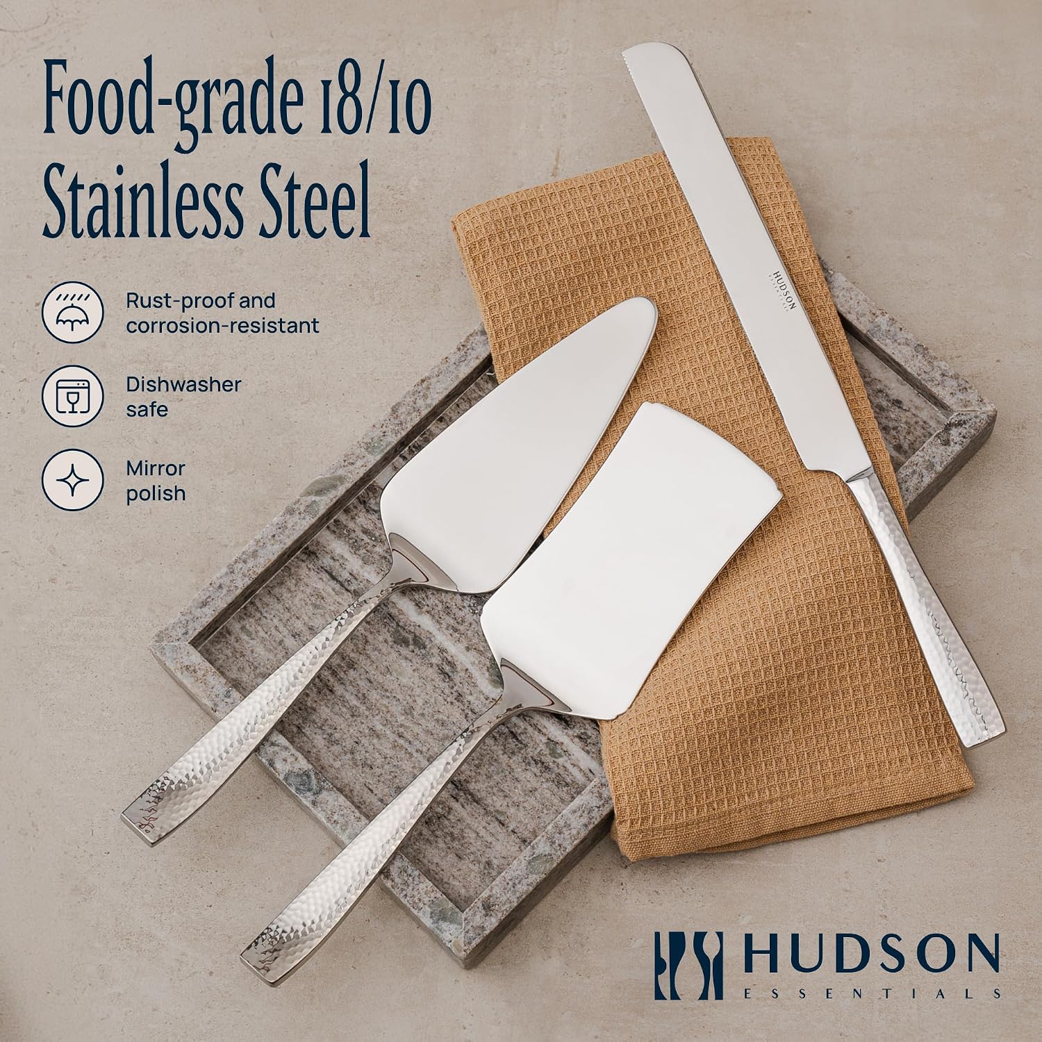 Hudson Essentials Hammered 18/10 Stainless Steel Hostess Serving Utensil Set, 8-Piece Set with Cake Knife, Cake Server and Lasagna Pie Server, Dishwasher Safe image 4