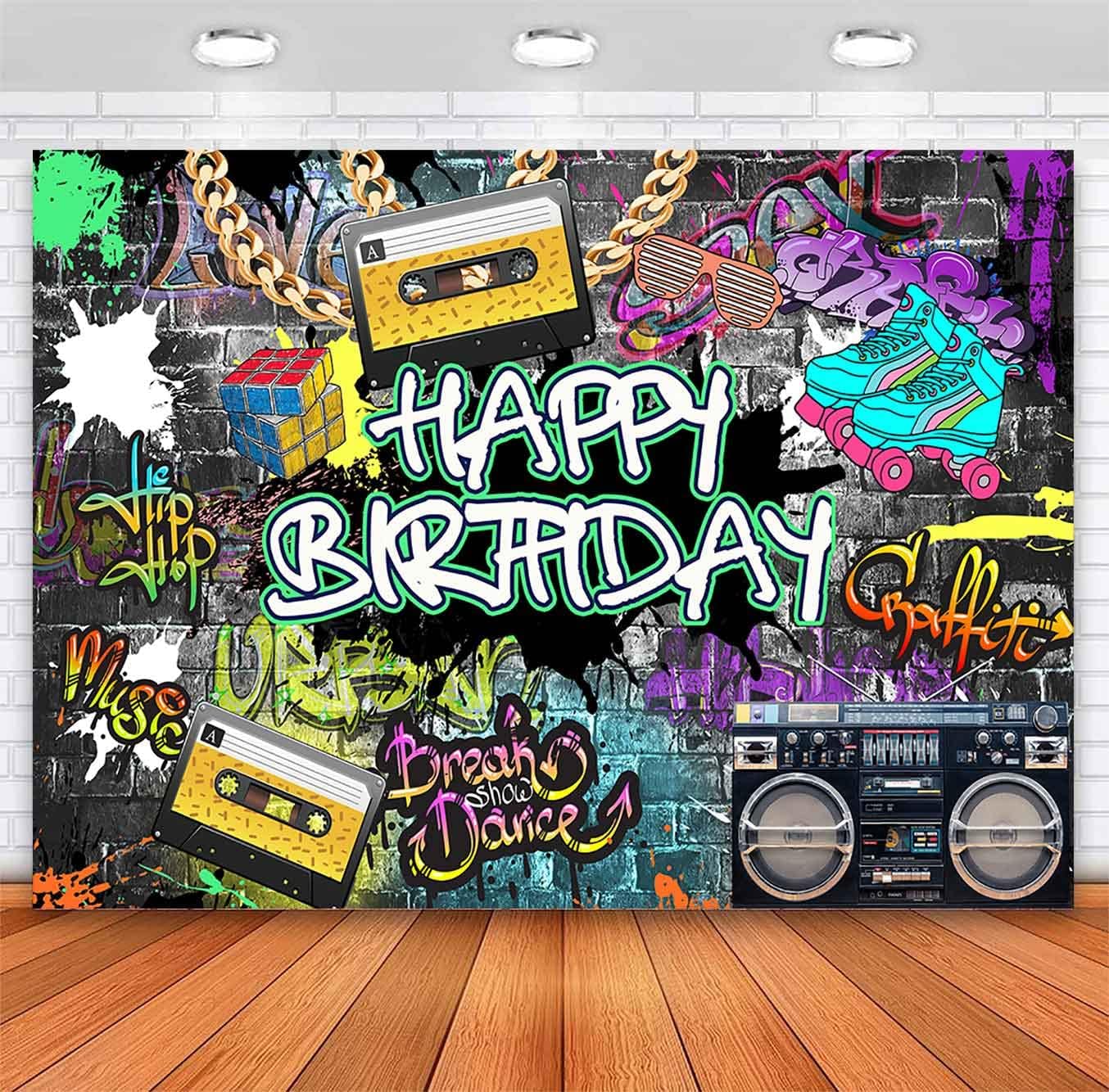 sensfunGraffiti 80's 90's Birthday Backdrop Urban Retro Hip Hop Birthday Party Background Gold Chain Glasses Cartridge Tape Recorder Disc Rock Birthday Decoration Banner Photo Booth Props 7x5ft