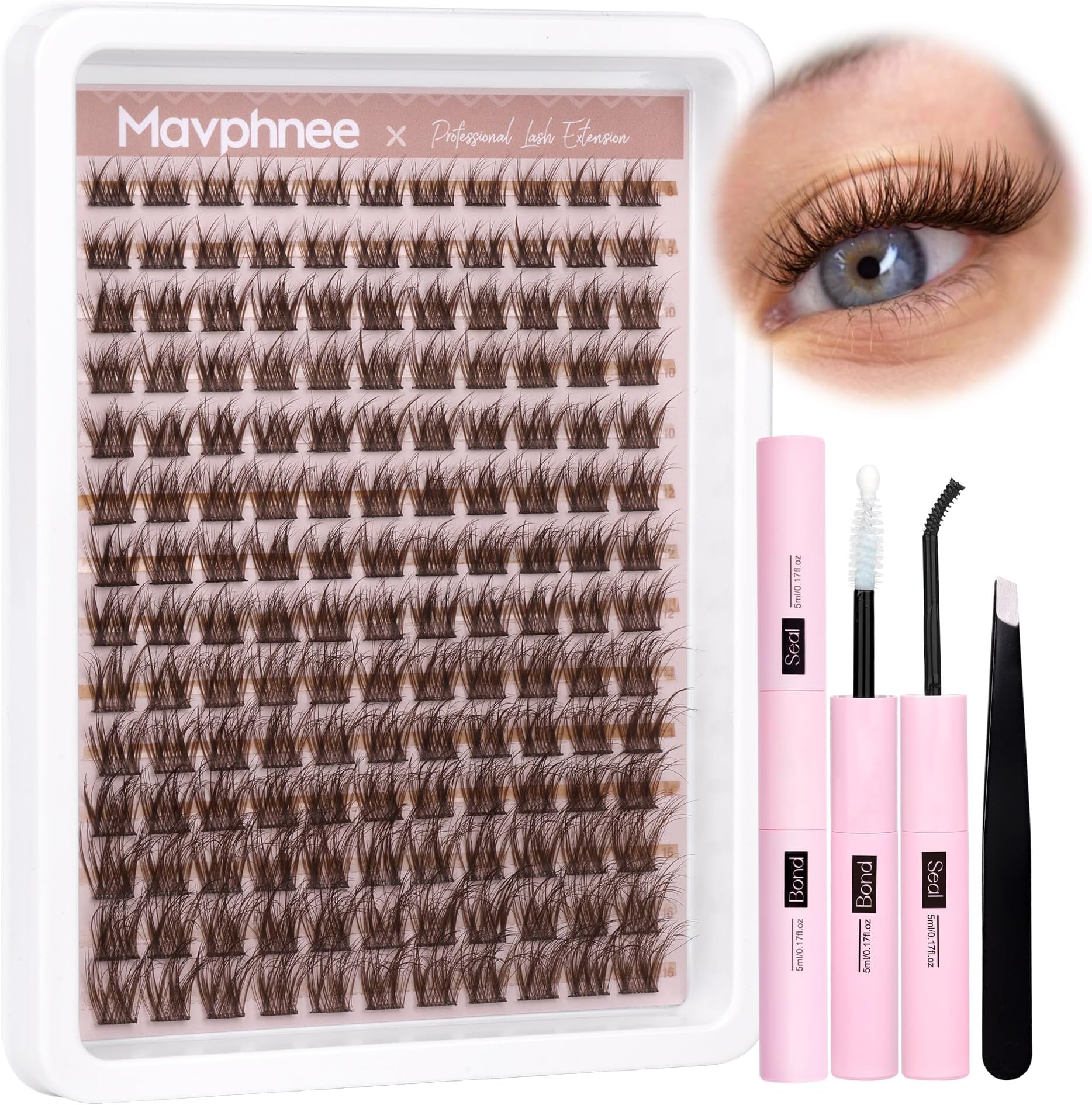 Brown Lash Clusters Kit Natural Dark Brown Eyelash Extensions Kit Wispy Individual Lashes C-Curly Cluster Lashes Extensions with Bond and Seal Lash Glue and Eyelashes Tweezers Lash Kit