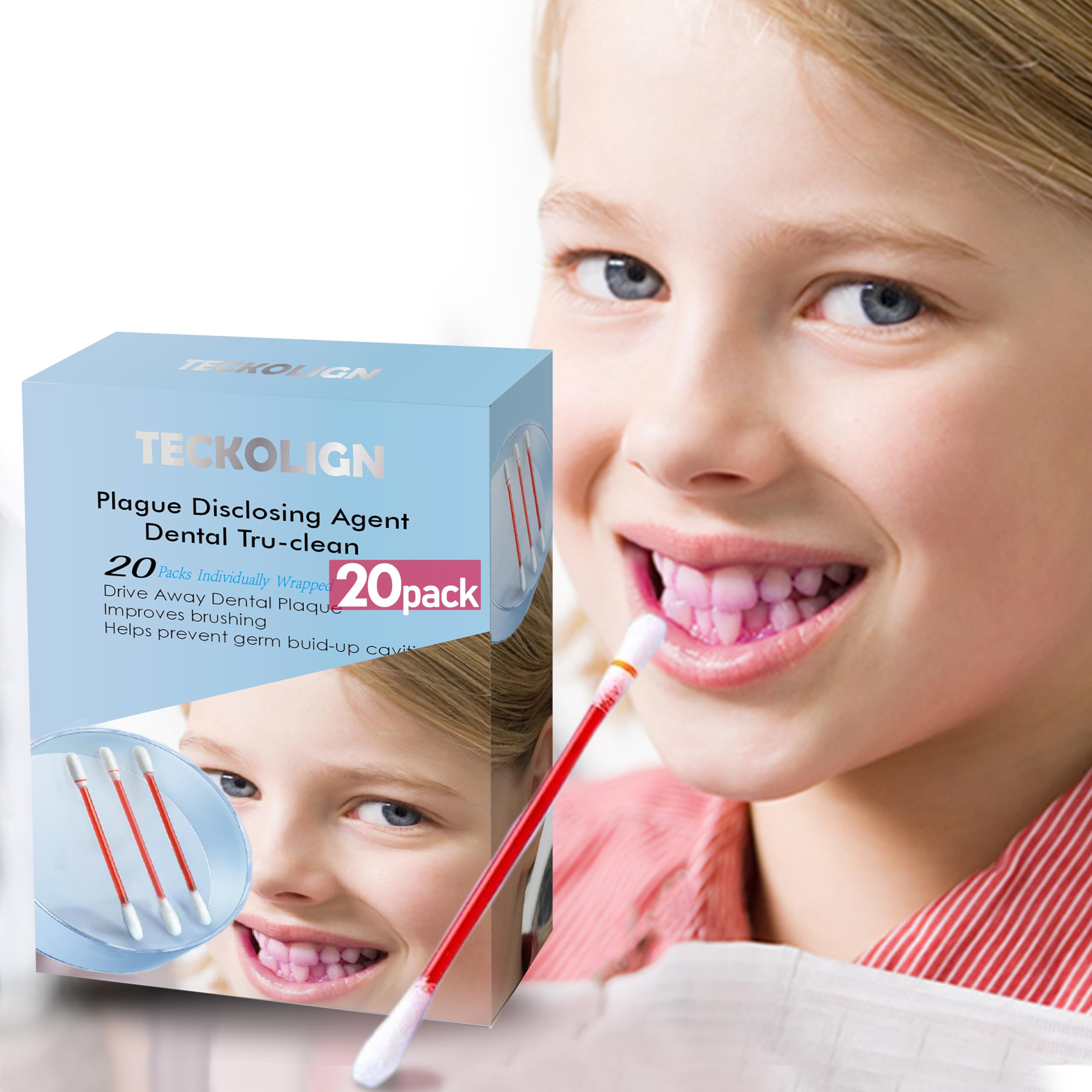 Dental Plaque Disclosing Agent, Plague Display Cotton Swab(not Tablets) Indicator, for Kids & Adults, Shows Plaque,Helps Teach Brushing Habits, Dental Care Kits, 20 Count in 1 Pack