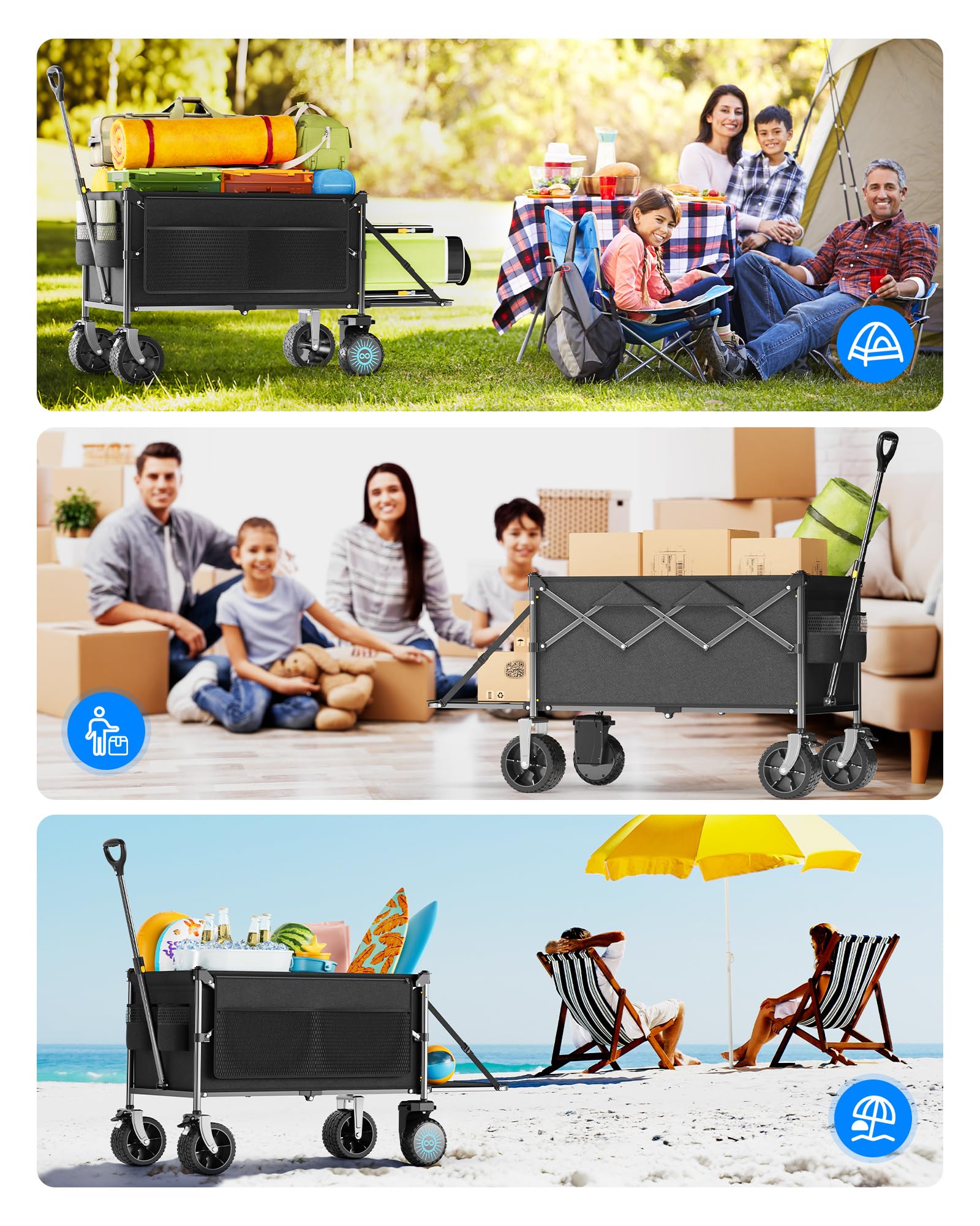 Everyfun Carro eléctrico utilitario de carga de 330 libras, carro de playa plegable de 180 L con control remoto, 4 velocidades, ruedas todo terreno para camping, playa, jardín y compras