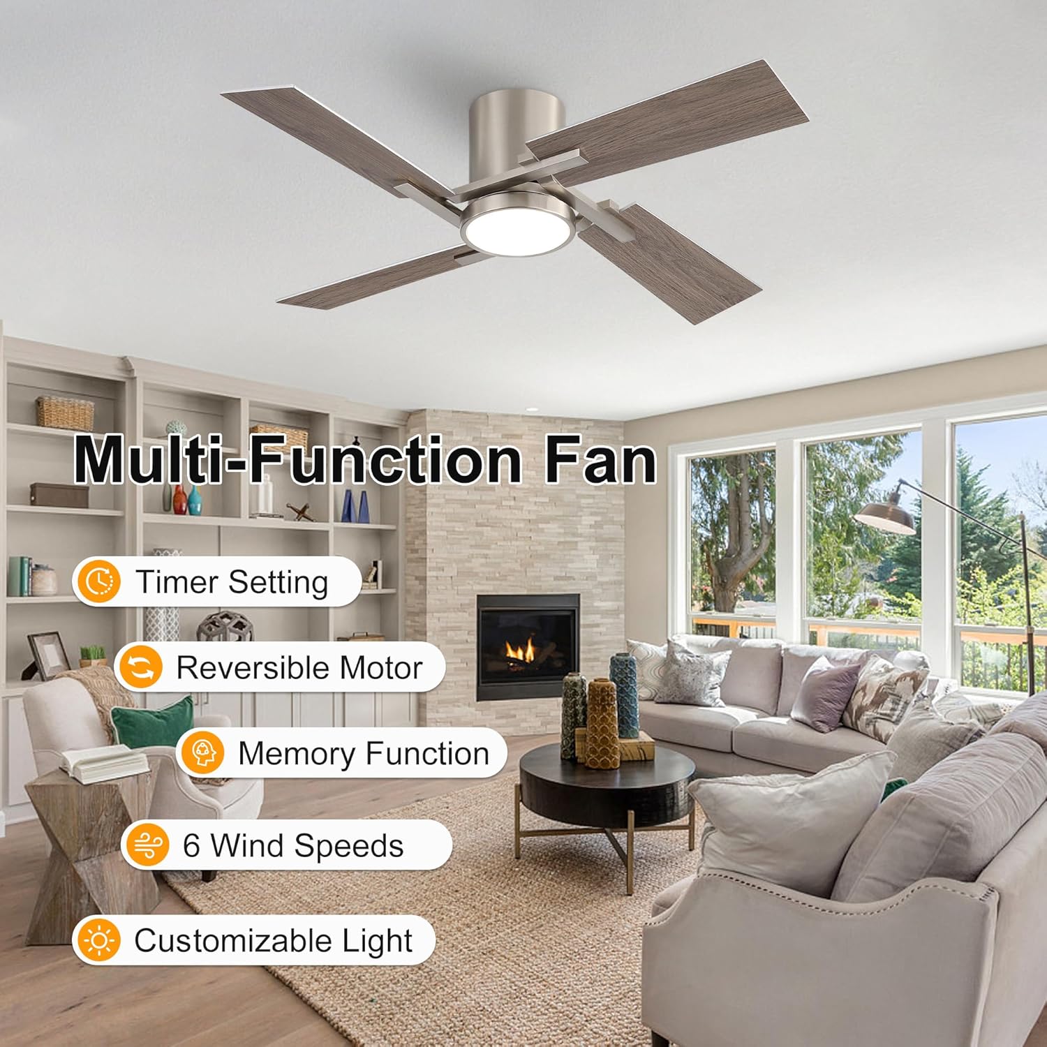 wingbo 48" flush mount ceiling fan with light - 4 plywood blades, 6-speed reversible dc motor, dimmable, 3cct, noiseless low profile ceiling fans for bedroom living room, nickel and silver/gray
