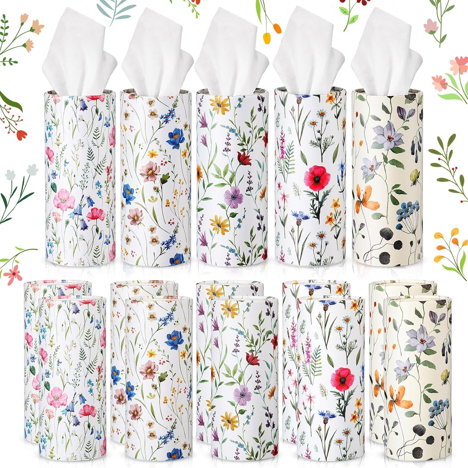 20 Pcs Spring Wildflower Car Tissues Cylinder with 3 Ply Facial Tissues Bulk, Wild Floral Round Tissue Boxes Tubes Travel Tissue for Car Cup Holder Home Bathroom Office Accessories