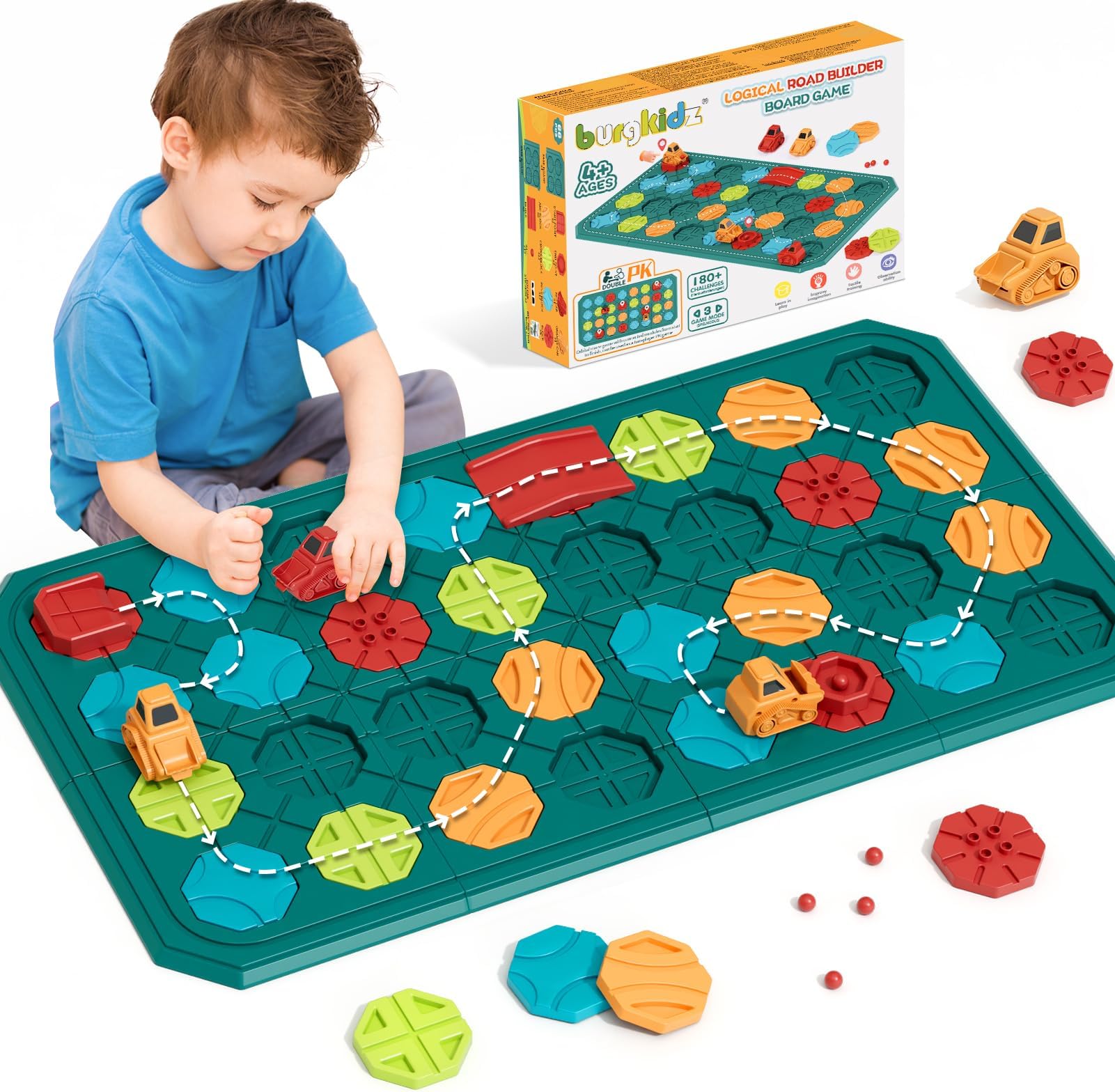 burgkidz Board Games for Kids 4 5 6 7 8 Years Old, 3-in-1 Puzzle Logical Road Builder Car Maze STEM Toys for Multiplayer & Family, 180 Challenges Brain Games Kids Toys Gifts