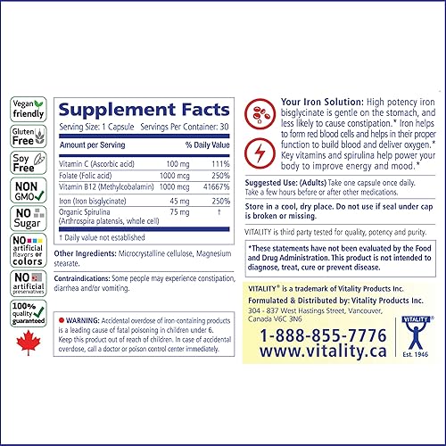 Vista 8 de Vitality Power Iron + Spirulina Hierro de 45 mg Constructor de sangre Apoyo a la deficiencia de hierro Vegano Suplemento natural Suave