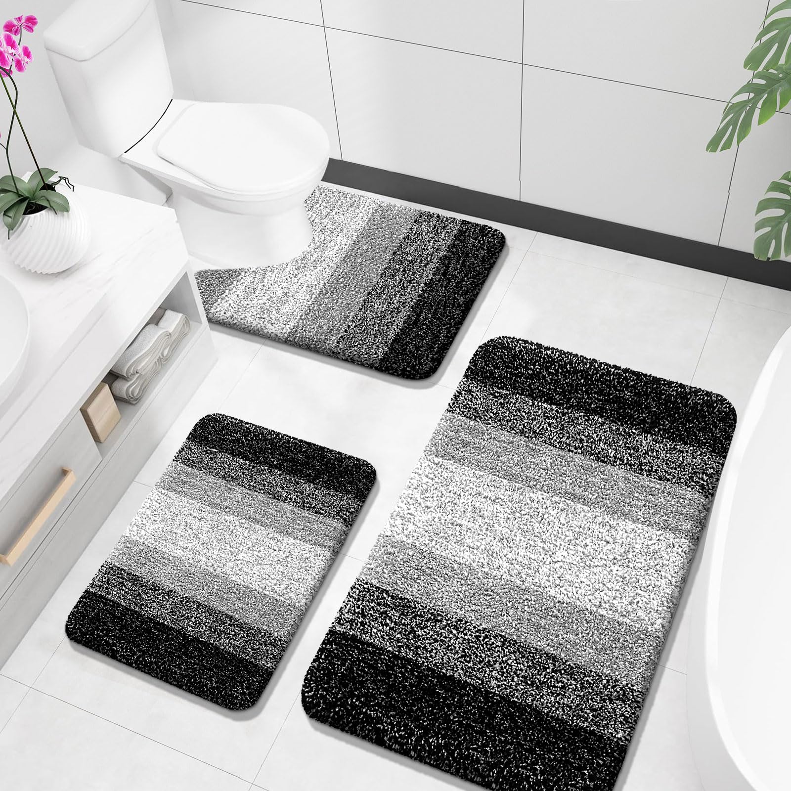 OLANLY Bathroom Rugs Sets 3 Piece, Soft Absorbent Microfiber Bath Mats and U-Shaped Contour Toilet Rug, Plush Shaggy Bath Mat Set for Bathroom (36"x24