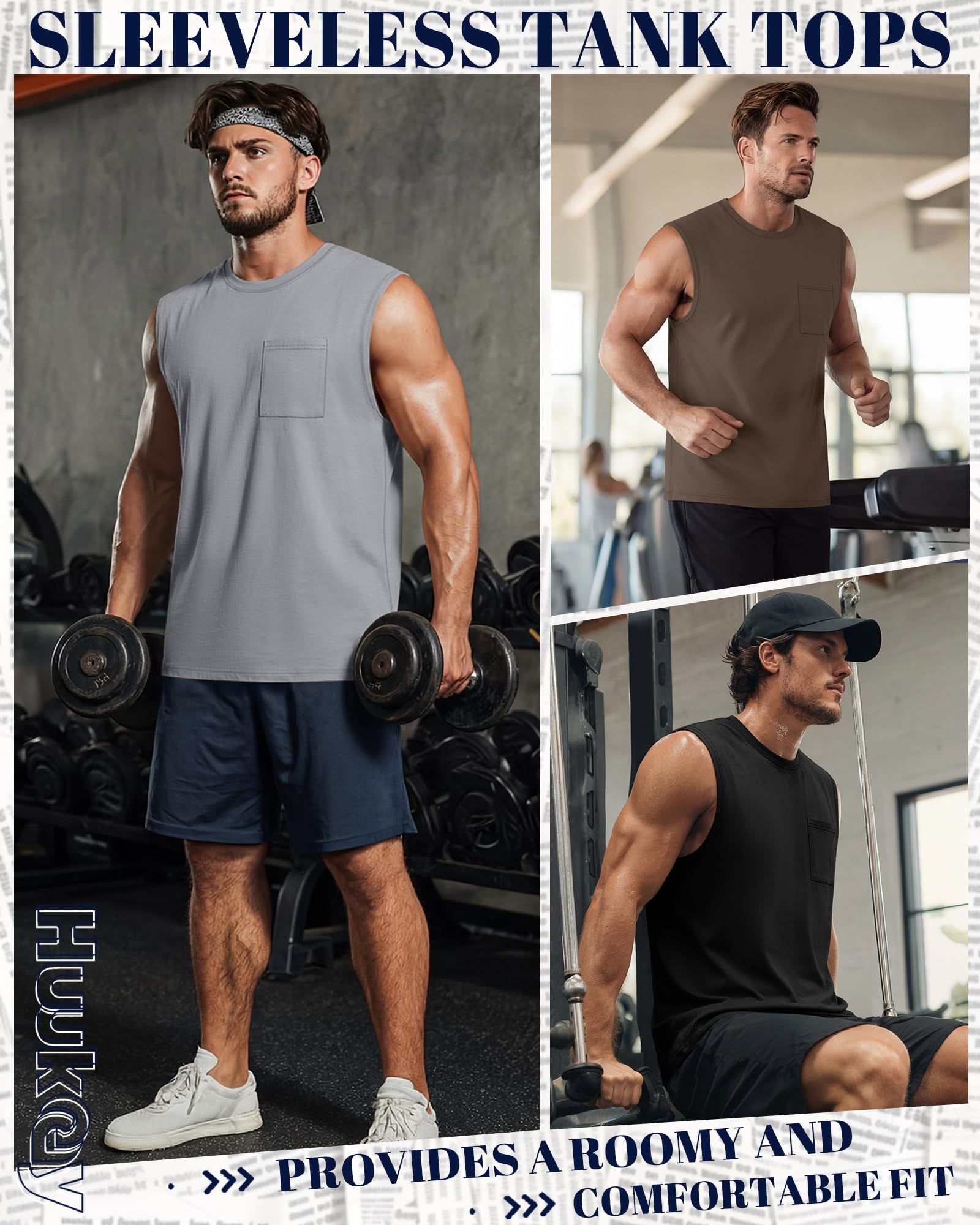 Huukeay Confezione da 3 canotte da uomo in cotone, grandi e alte, senza maniche, per palestra, allenamento, casual, con tasca