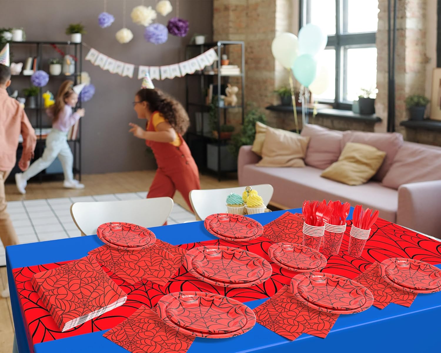 Oudain 162 Spider Birthday Party Decoration Supplies Red Blue Disposable Rectangular Spider Web Tablecloth Paper Plates Napkins Cups Set Plastic Dinner Tableware Forks Spoons Knifes - Image 5