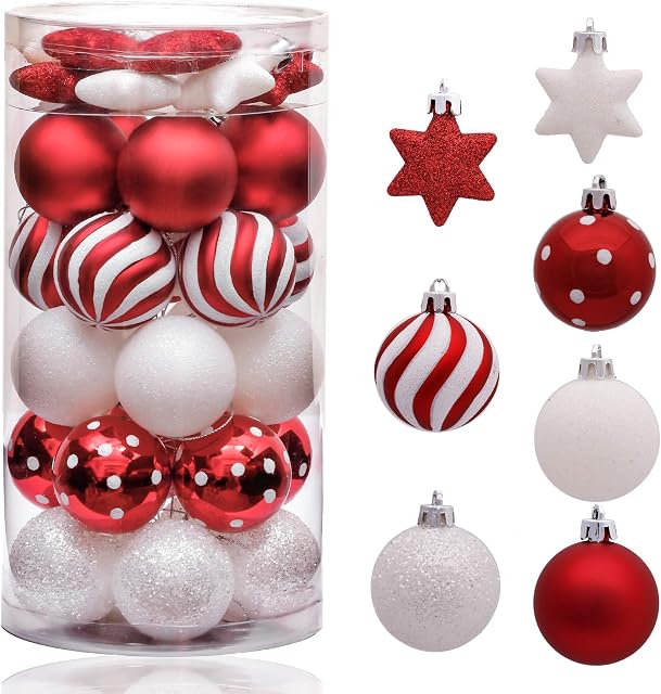 Victor's Workshop 35pcs 5cm Shatterproof Christmas Baubles, Traditional Red and White Christmas Ball Ornaments for Christmas Tree Decorations