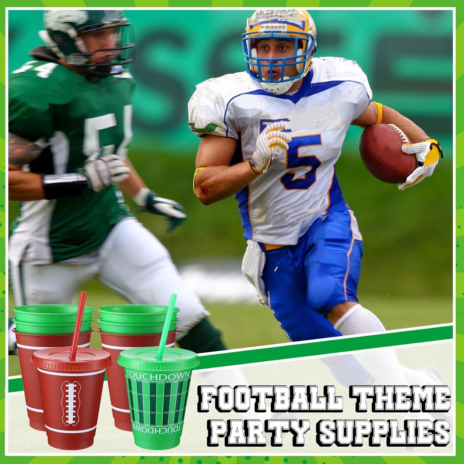 Sieral 30 Pcs Football Cups with Straws and Lids 16 oz Football Cups Brown Green Plastic Tumblers Reusable Iced Coffee Travel Mug for Sport Theme Party Supplies Decorations - Image 5