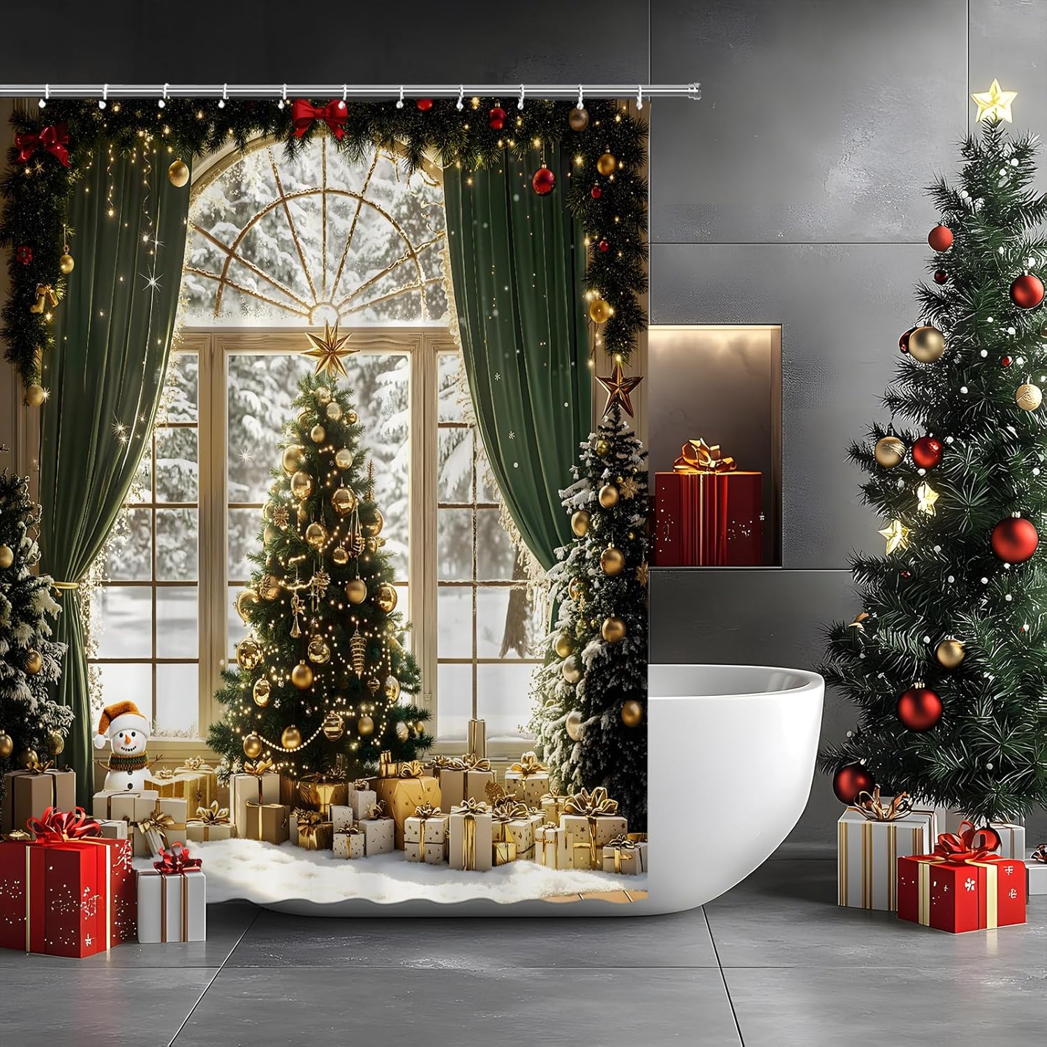 Winter Merry Christmas Shower Curtain Xmas Tree Snowy Snowman Green Golden Rustic Pine Trees Christmas Balls Happy New Year Holiday Bathroom Curtain Set Polyester Fabric Hooks 70 X 90 Inch