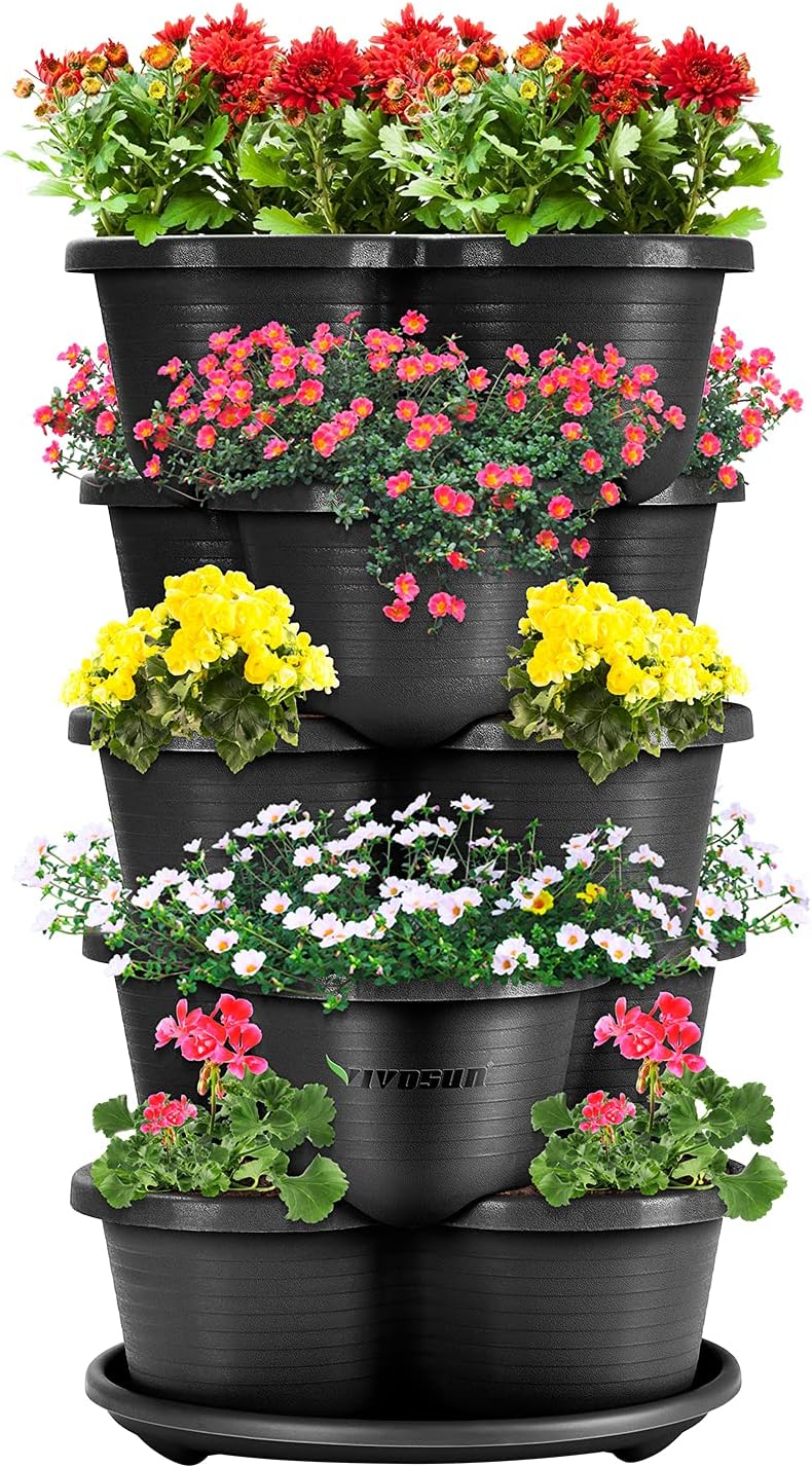 VIVOSUN 5 Tier Vertical Gardening Stackable Planter for Strawberries, Flowers, Herbs, Vegetables, Black