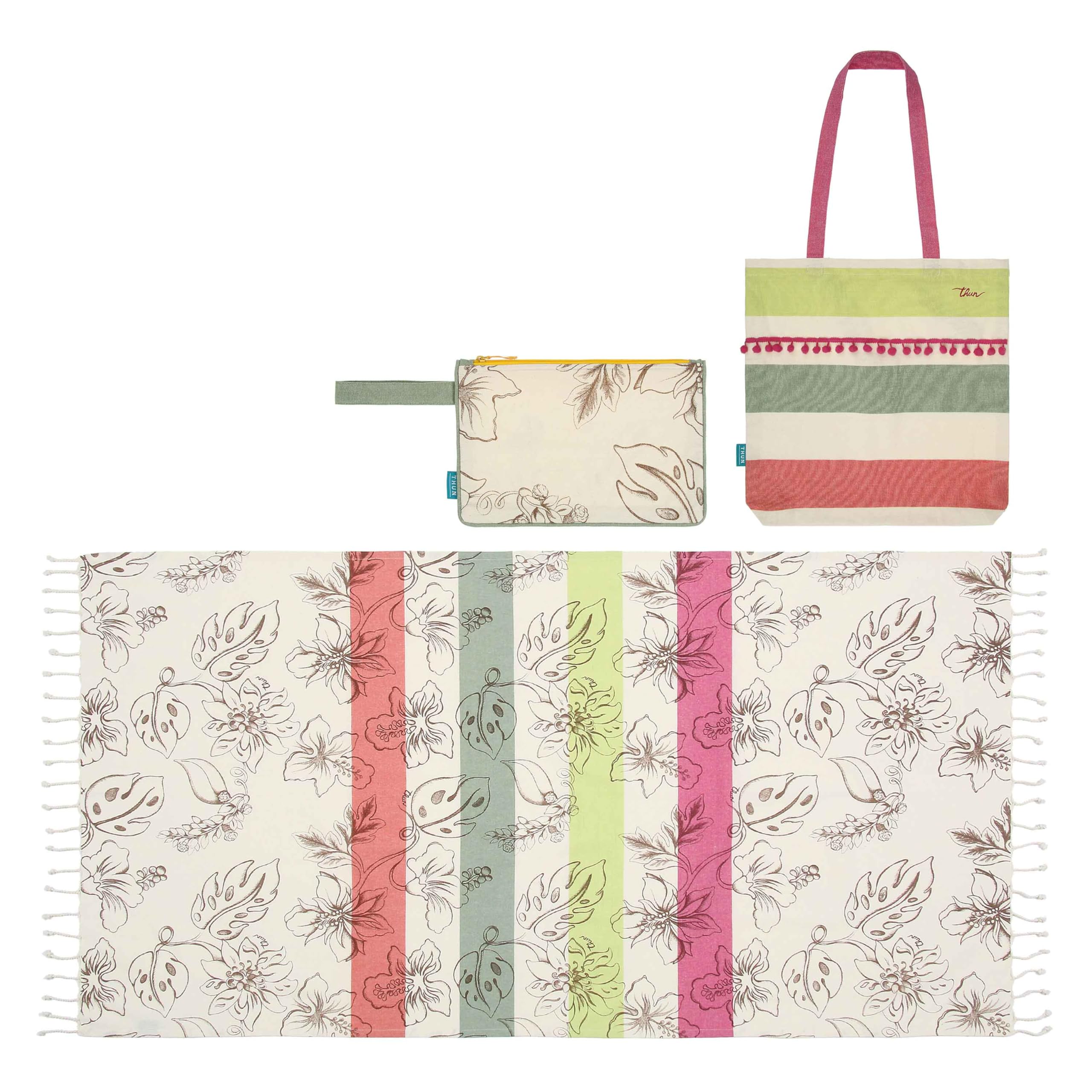 THUN - Set borsa, pochette e telo mare Eleganza Esotica - 100% cotone, "90x170cm, borsa 40x40, pochette 25X30"