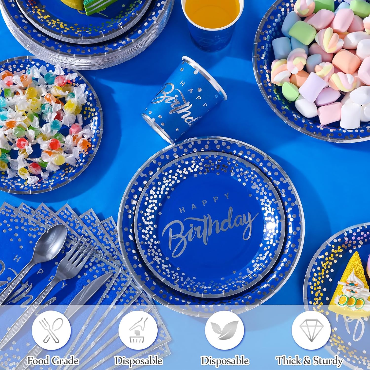 352 Pcs Blue and Silver Birthday Party Tableware Set for 50 Guests Silver Dot Paper Plates Cups Napkins Plastic Tablecloths Forks Knives Spoons Blue Party Supplies for Birthday Wedding Decorations