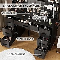 Vista 5 de Furmax Escritorio de tocador con espejo, luces LED y toma de corriente, mesa de tocador de maquillaje con 7 cajones y 6 estantes de almacenamiento