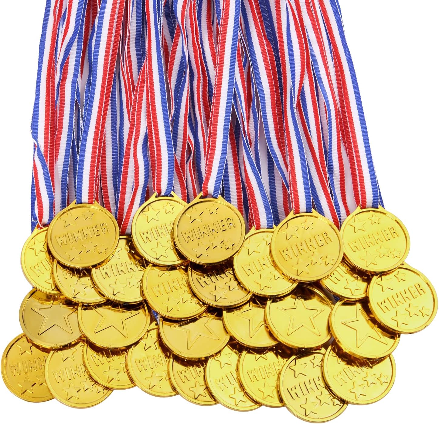 – flintronic Gold Winner Medals, 28Pcs Kids Gold Plastic Winner Medals, Medals for Children, with Neck Ribbons, Party Favours for Kids for School Sport Day Party Game (28pc)