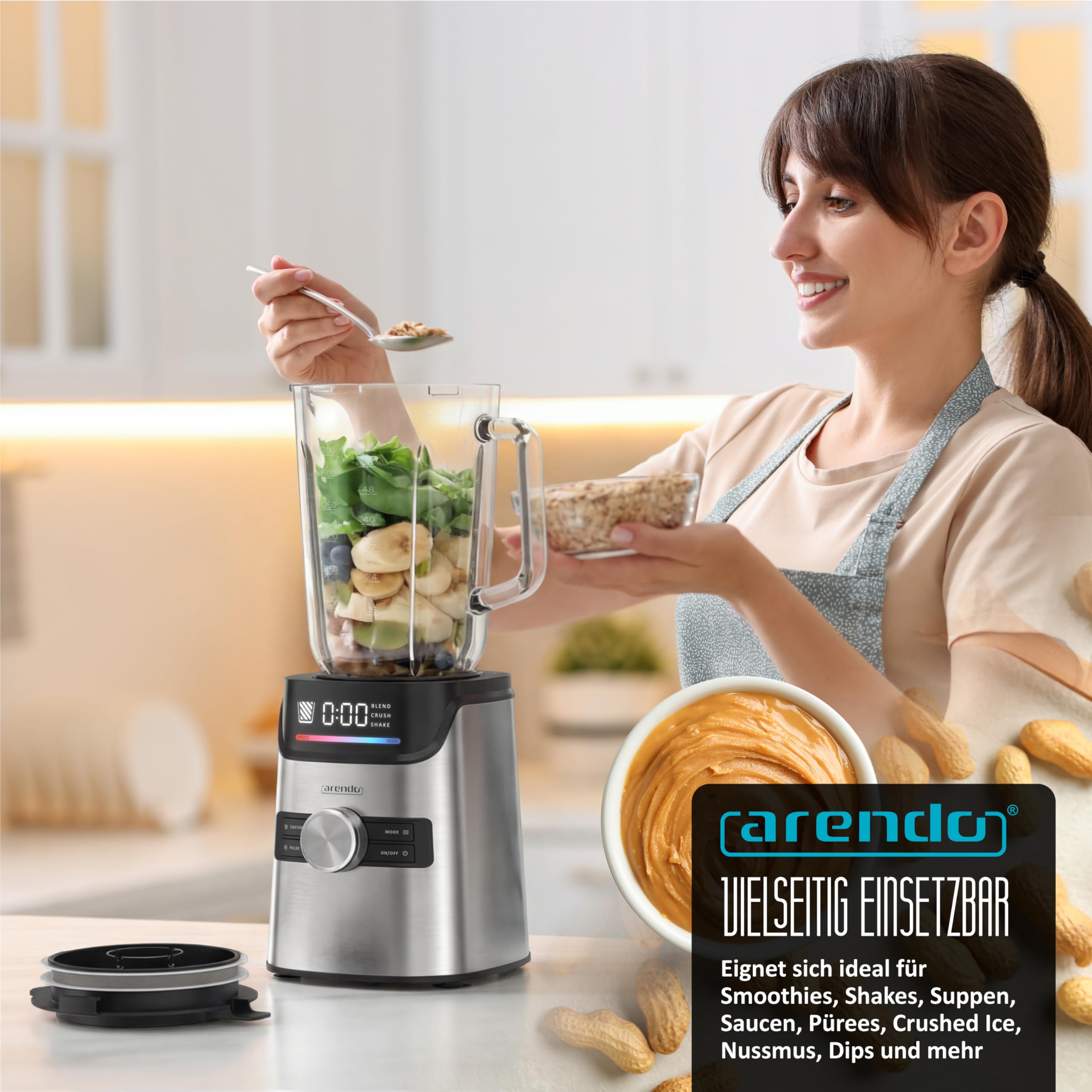 Arendo – Standmixer Glas 1400 W – Hochleistungsmixer - 1,7 L Fassungsvermögen – Mixbehälter aus Glas - Glasbehälter – hochwertige Edelstahl-Messereinheit – 3 voreingestellte Programme