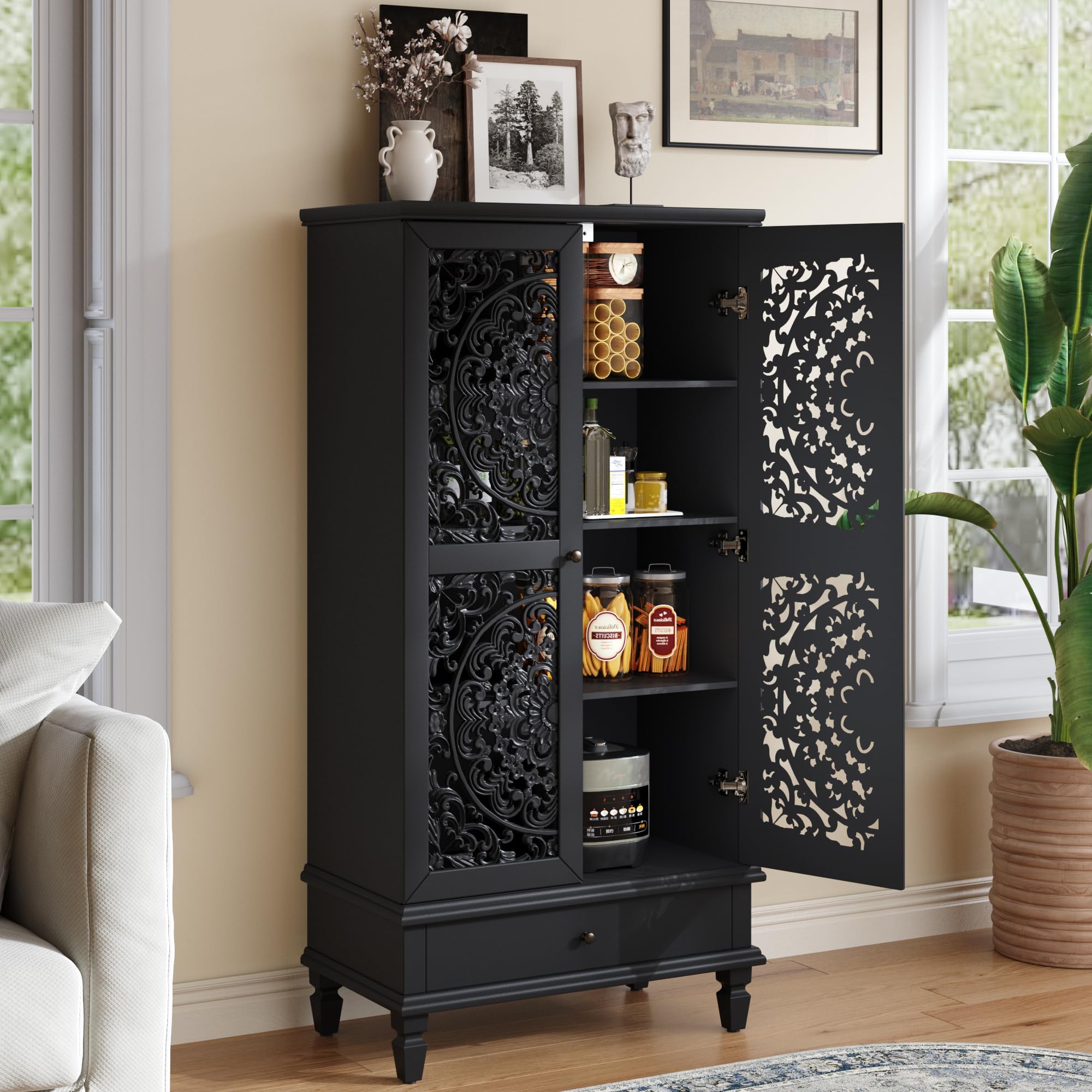 Tall Accent Cabinet with Carved Doors, Farmhouse Storage Cabinet with Drawer and Solid Wood Legs, Decorative 2-Door Carved Cabinets for Living Room Hallway Dining Room, Black