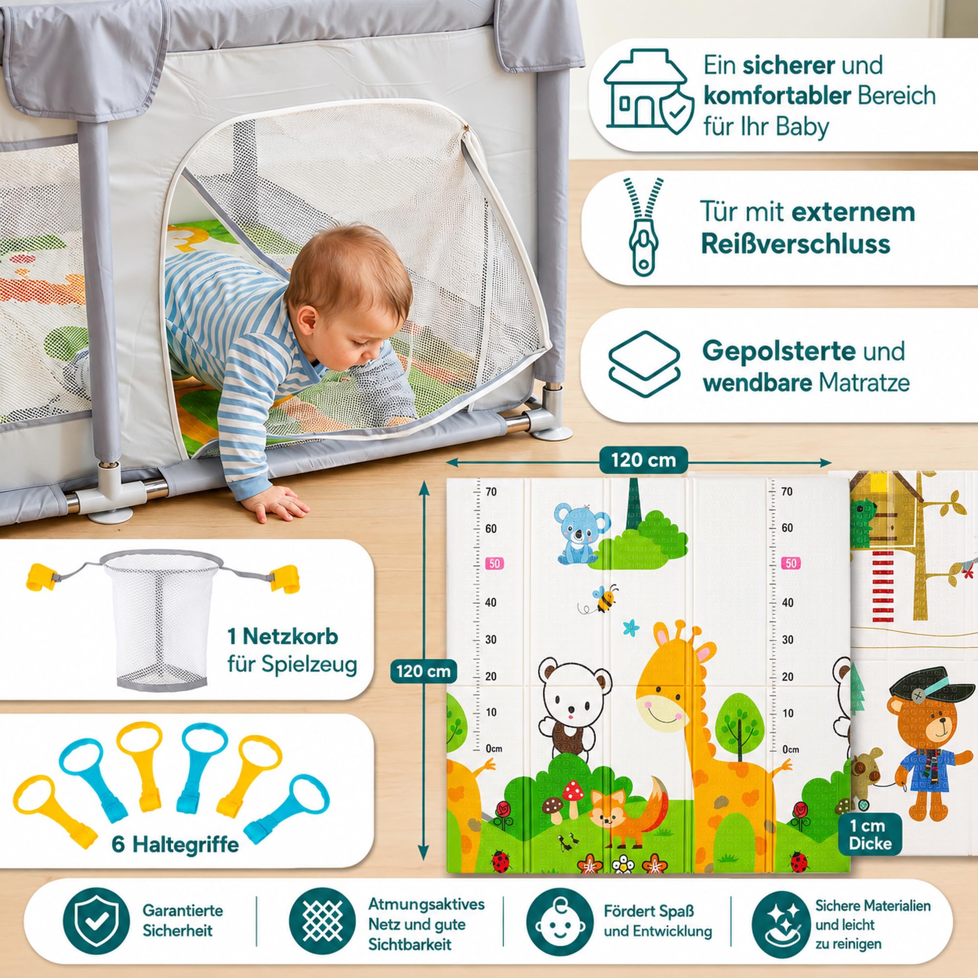 PARVULI Laufstall Baby 120x120 cm cm mit gepolsterter Spielmatte faltbar Laufgitter für Zuhause aus stabilem Eisen atmungsaktives Mesh - Tiere
