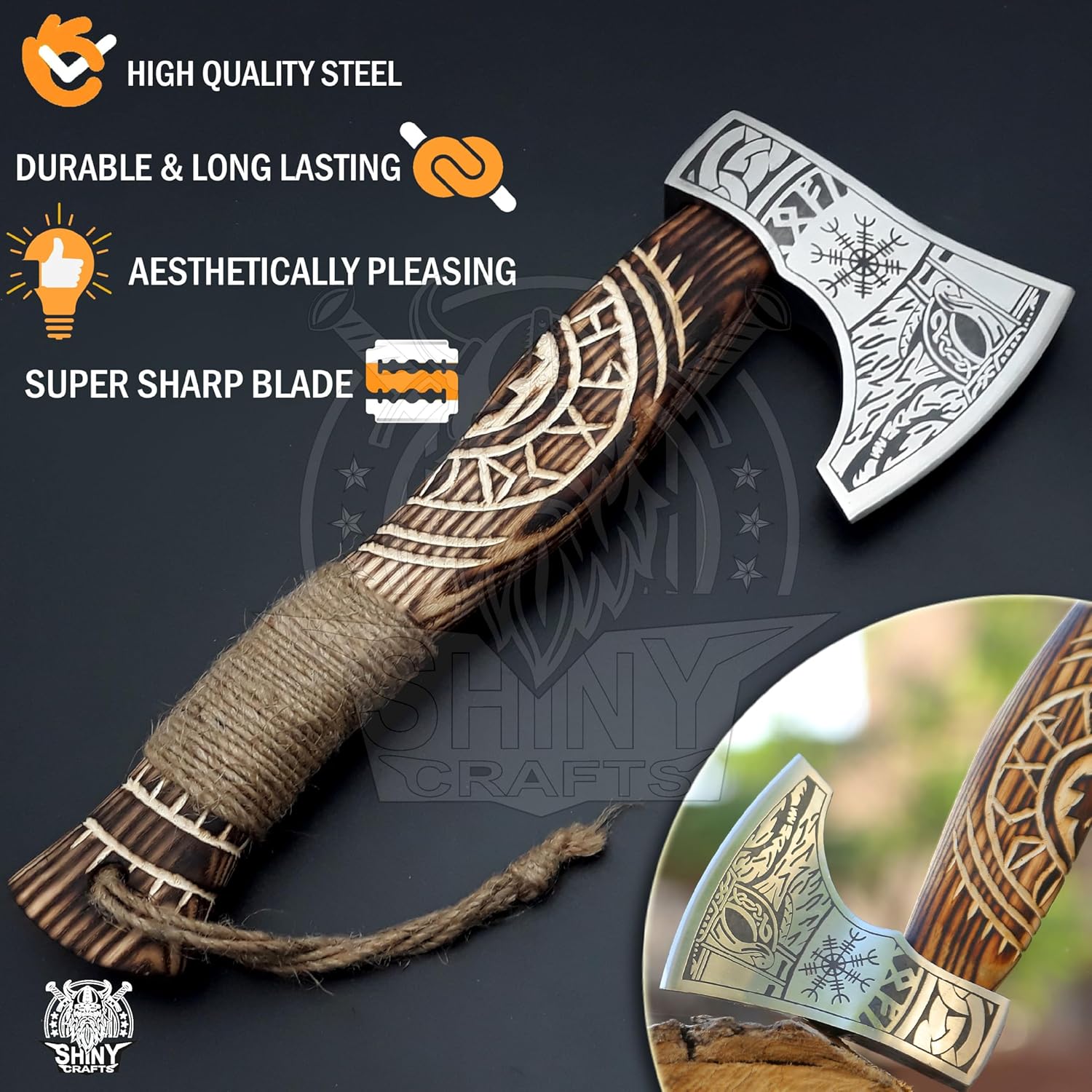 SHINY CRAFTS® Handcrafted Viking Axe – Engraved Nordic Blade with Wooden Handle Norse Bearded Hatchet for Men Unique Gift for Him, Collectors, Cosplay, Camping, Medieval Wall Decor (VBA-14)