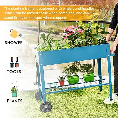 Miniatura 5 de LAZYLAND Jardinera elevada de metal con patas, maceta de metal para exteriores, 2 ruedas y estante de almacenamiento para vegetales, flores,