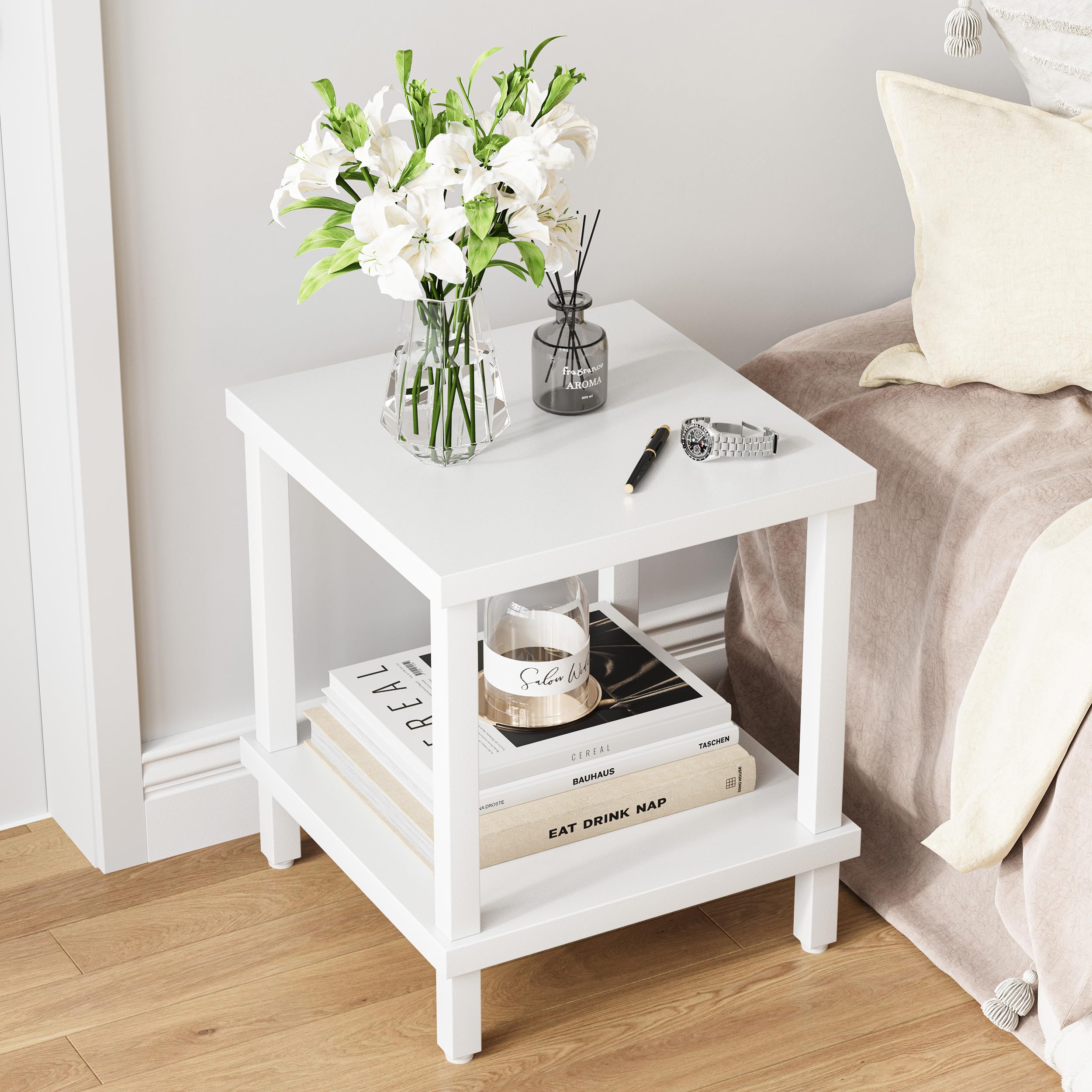 Mesa Auxiliar Pequeña de Madera de Ideal para Salón o Dormitorio Medidas 50x50x58cm Mesa Centro à Deux Niveaux Elegante y Funcional Cuadrado Blanco LET510W