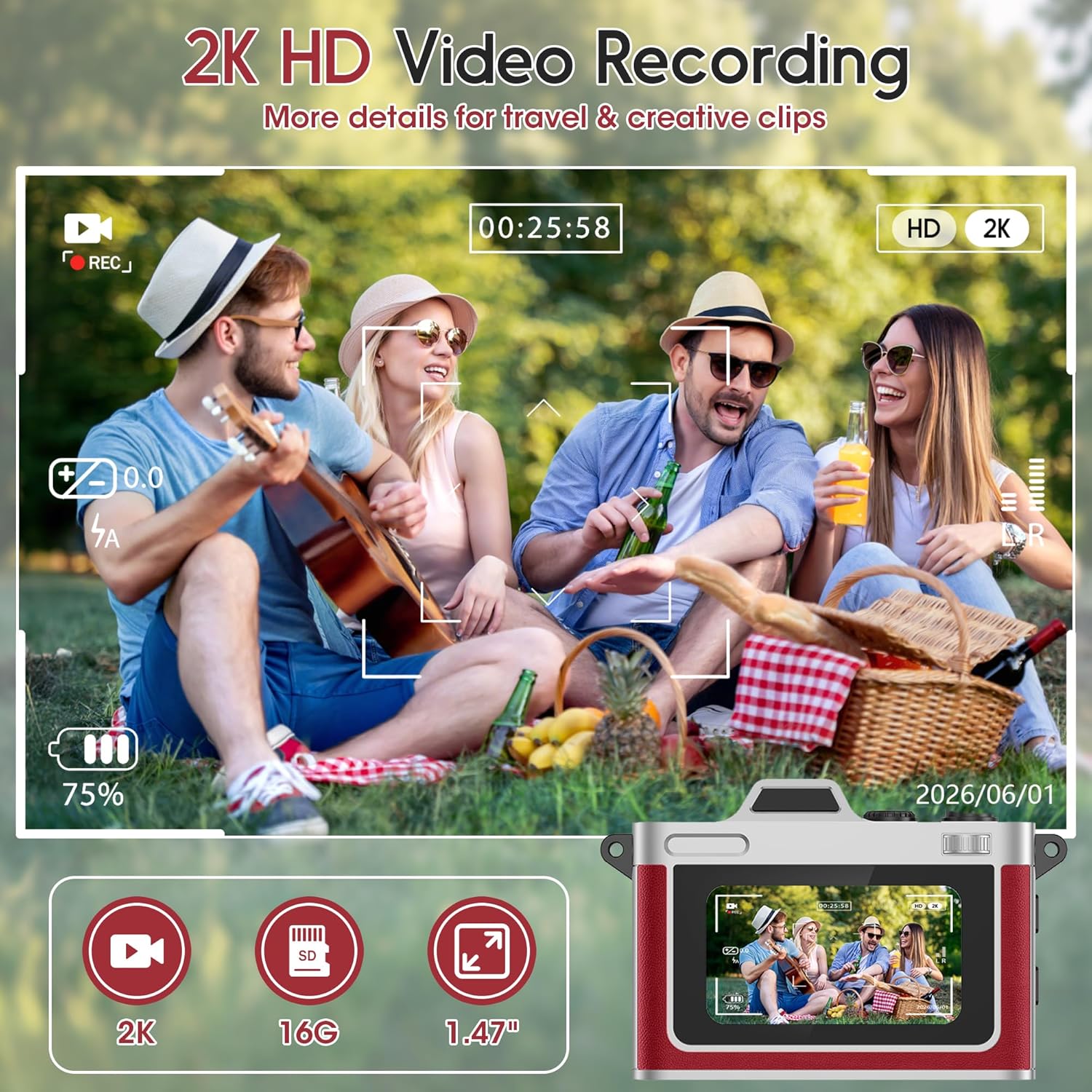 Retro Keychain Camera, 2K HD Mini Digital Pocket Camera with 16GB Card, Small Portable Vintage Camcorder for Kids Adults, Wearable Tiny Video Recorder for Travel Camp and Party, Red