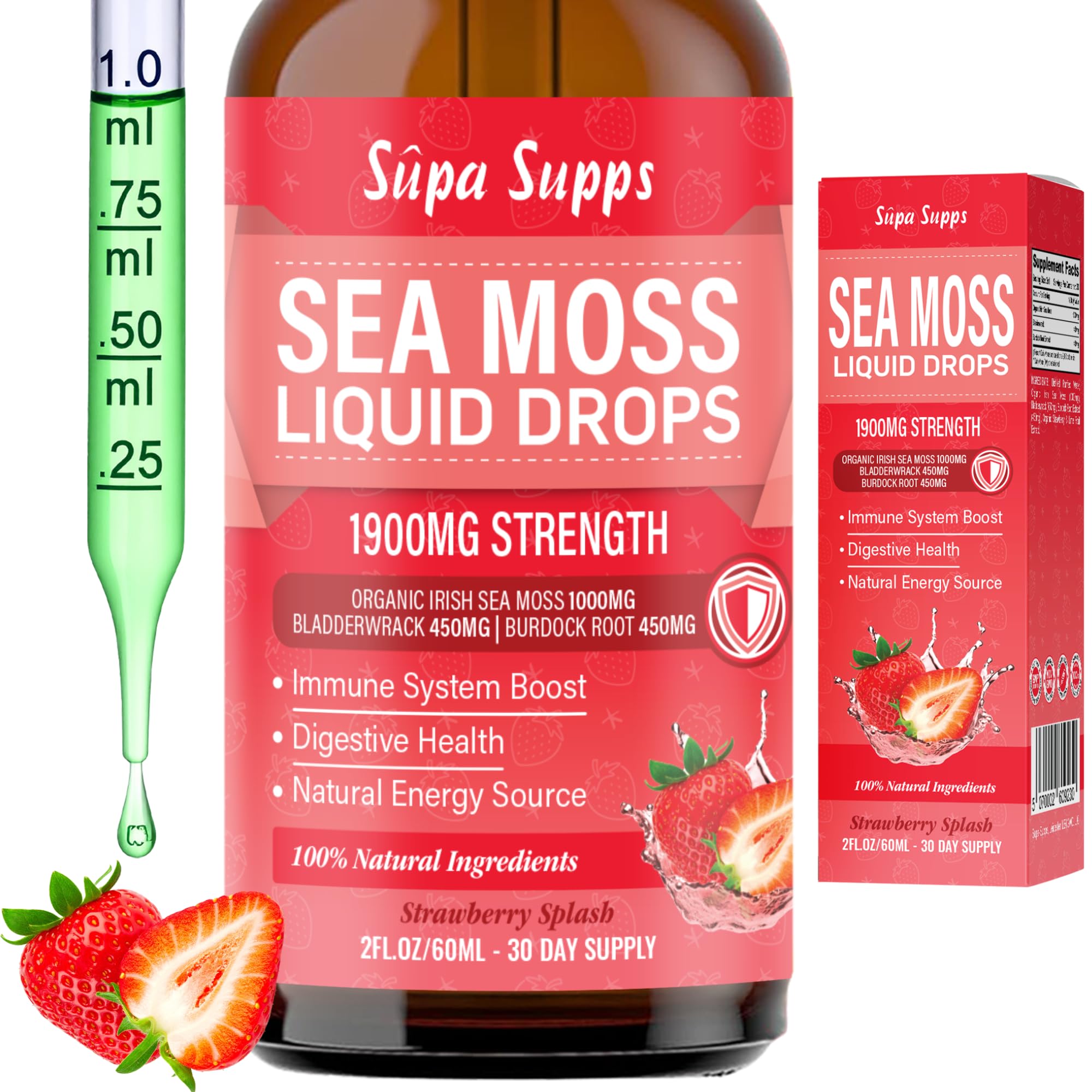 Irish Moss, Bladderwrack & Burdock Root Strawberry Flavour Drops - 120ml - Irish Sea Moss Gel Inspired Liquid, Rich in Natural Minerals, Supports Vitality, Wellness & Daily Nutritional Balance