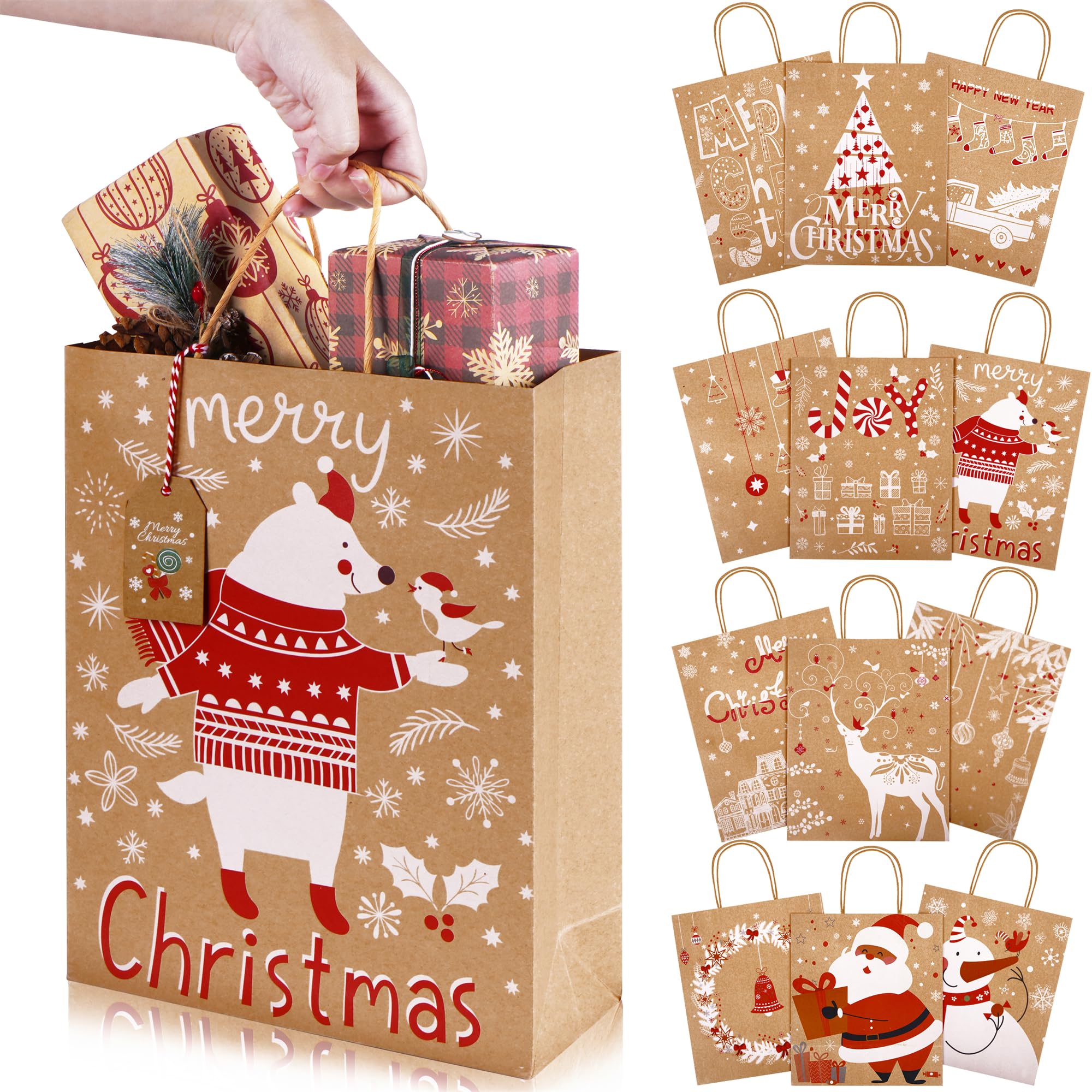 FEMONGY 12 Sacchetti Regalo Natalizi In Carta Kraft | Con Manici In Corda | 22x16x8 Cm | Bustine Con Motivi Di Babbo Natale, Pupazzi Di Neve E Renne | Per Biscotti, Piccoli Regali E Dolci