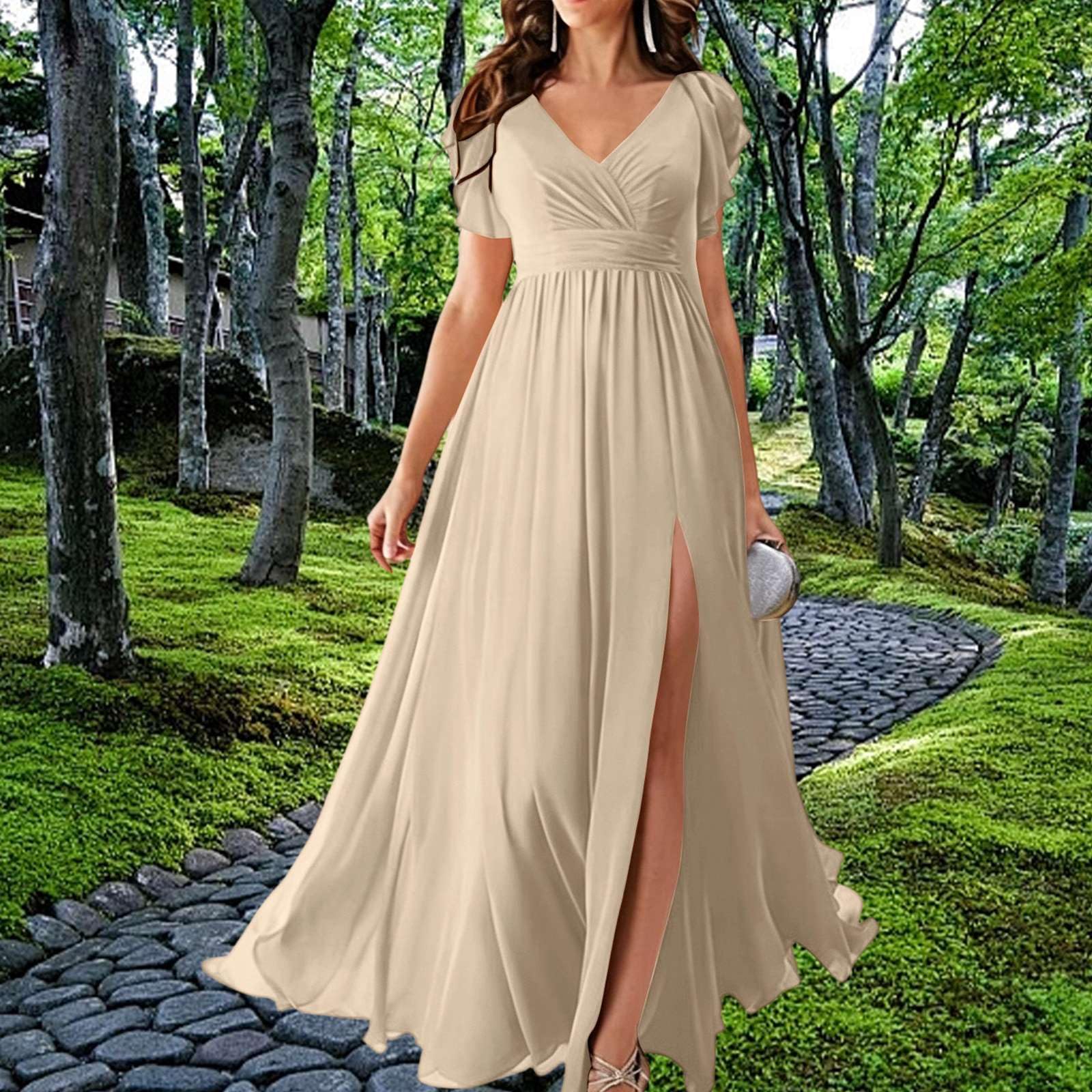 Generisch Kleid Hochzeitsgast Damen - Elegant Lang Chiffon Brautjungfernkleid V-Ausschnitt Schlitz Abendkleid Fließend Abendkleid Curvy Ballkleider Luftig Maxikleid Sommer Romantisch Cocktailkleid