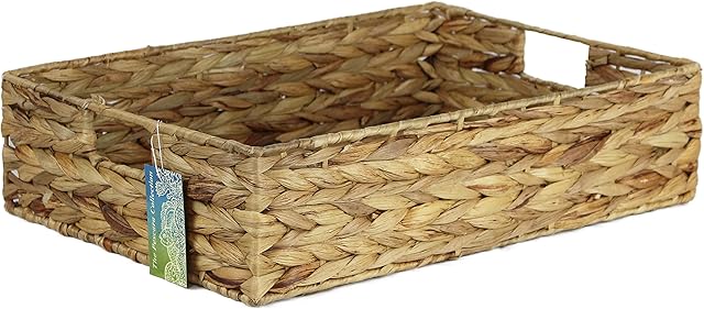 Shallow Rectangular Water Hyacinth baskets. Natural baskets light colour and with grey edges. Open trays for storage of paper, toys or books and magazines (47cm, Natural)