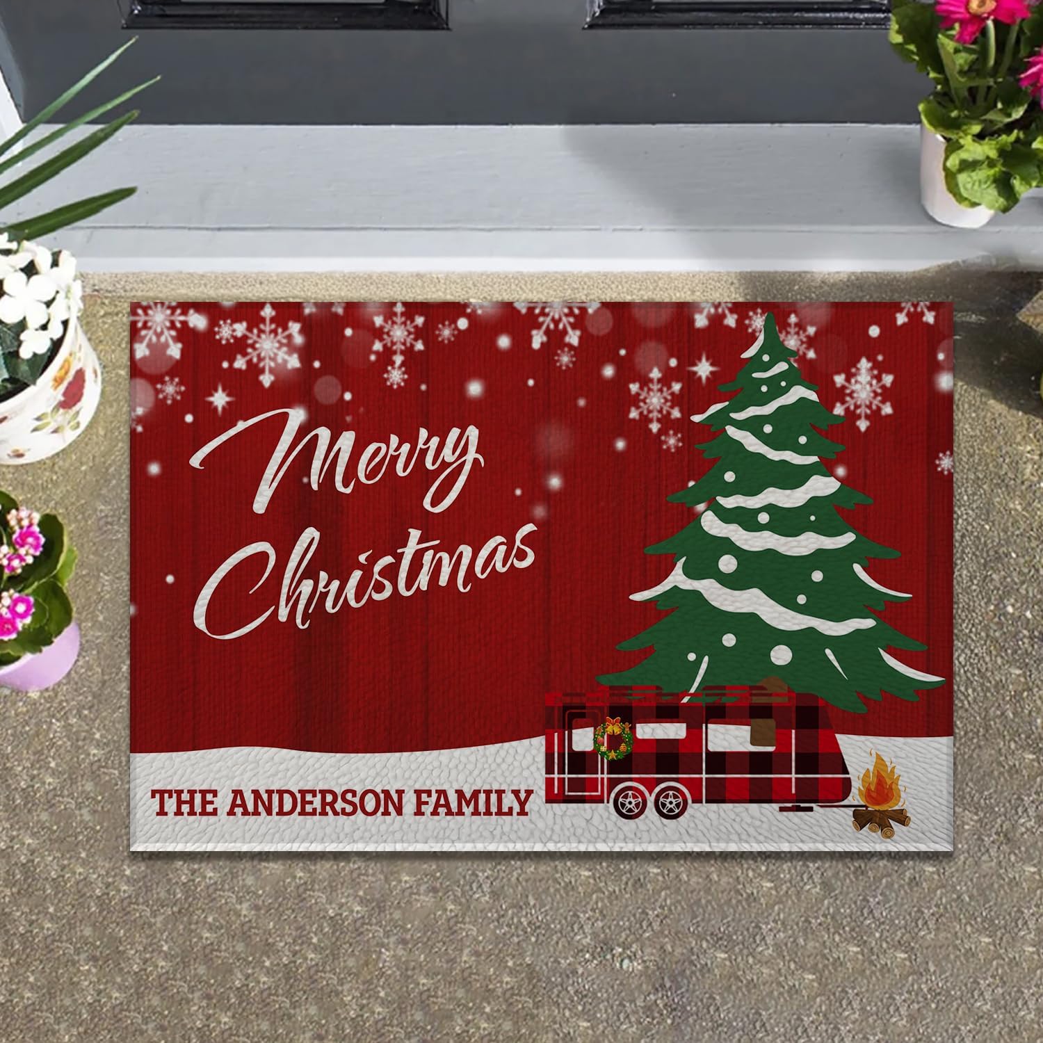 Personalized Camper Christmas Doormat with Family Name – Holiday Welcome Mat for Front Door – Custom Xmas Gift for RV Owners, Cabin Families, Porch Entryway, Housewarming Décor for Winter Season