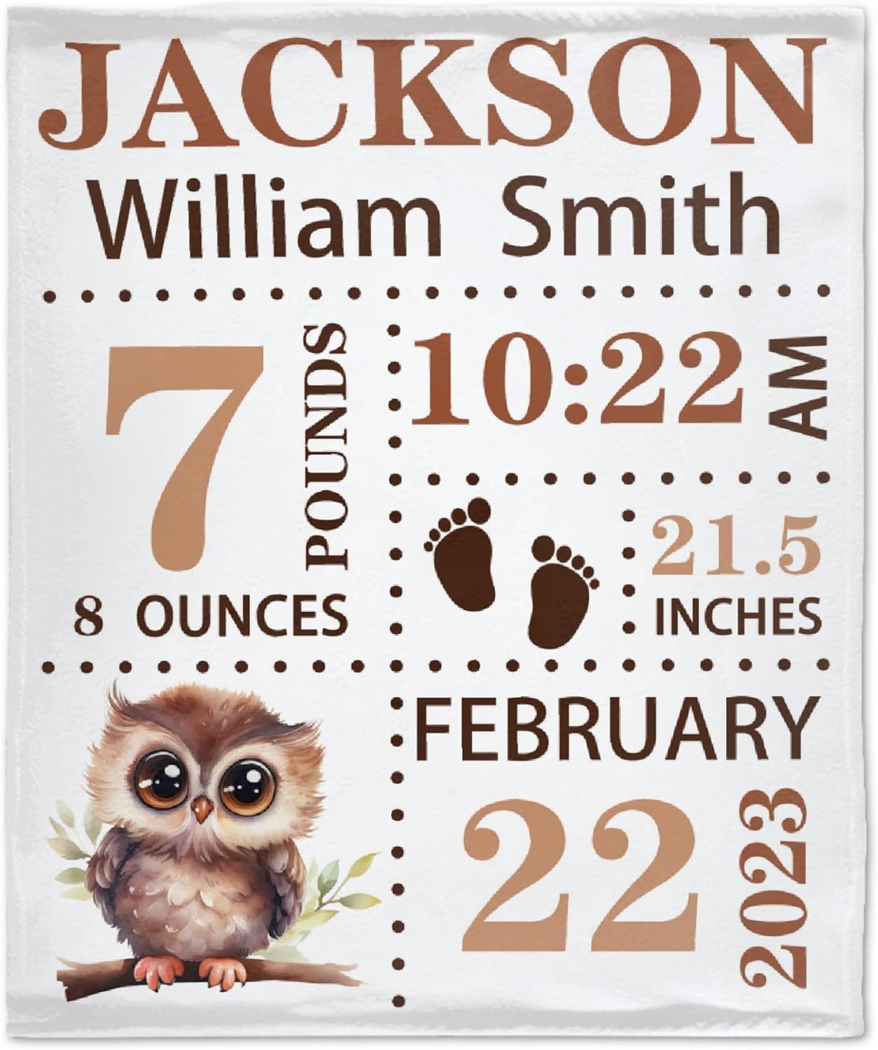 Personalized Baby Blanket with Birth Information, Customized Owl Pattern Name Blanket from Baby's Name Birth Time Date, Gift for New Mom Dad Granddaughter Grandson 50"X40" for Kid
