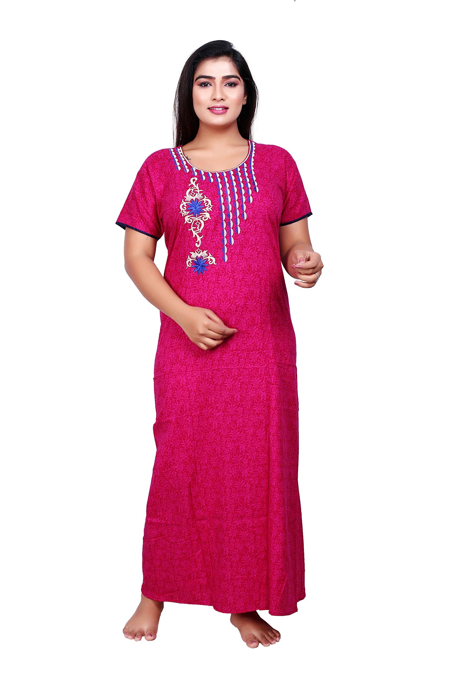 Zairra Women's Cotton Embroiderd Maxi Nightgown (Dark Pink_Free Size)