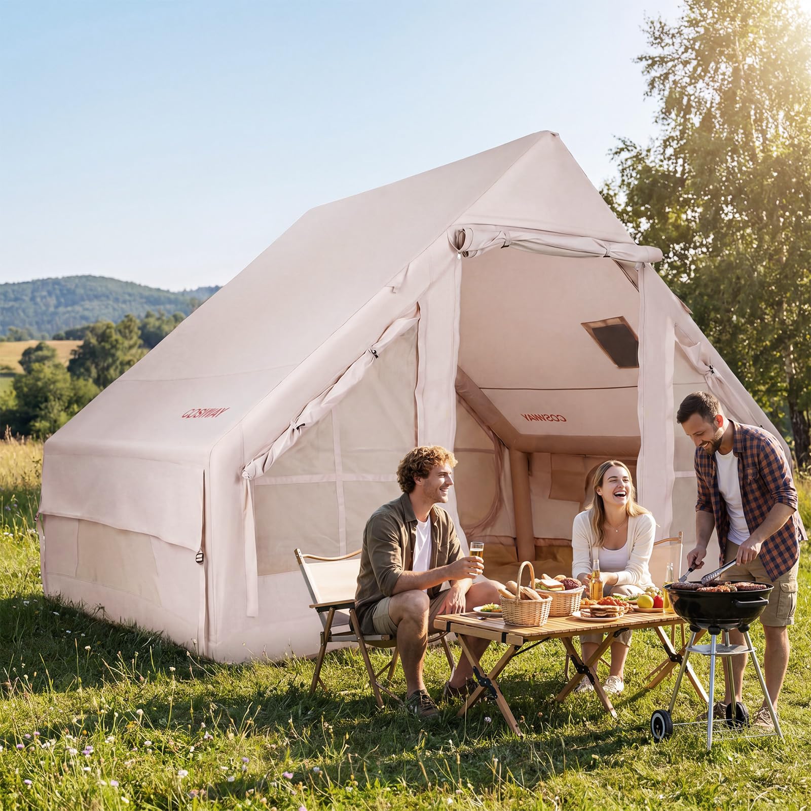 COSTWAY Tente de Camping Gonflable, Grande Tente Portable 4 Personnes avec Pompe à Air Ouverture de Cheminée Port Climatiseur, pour Voyage Camping, 295 x 205 x 200 cm, Kaki