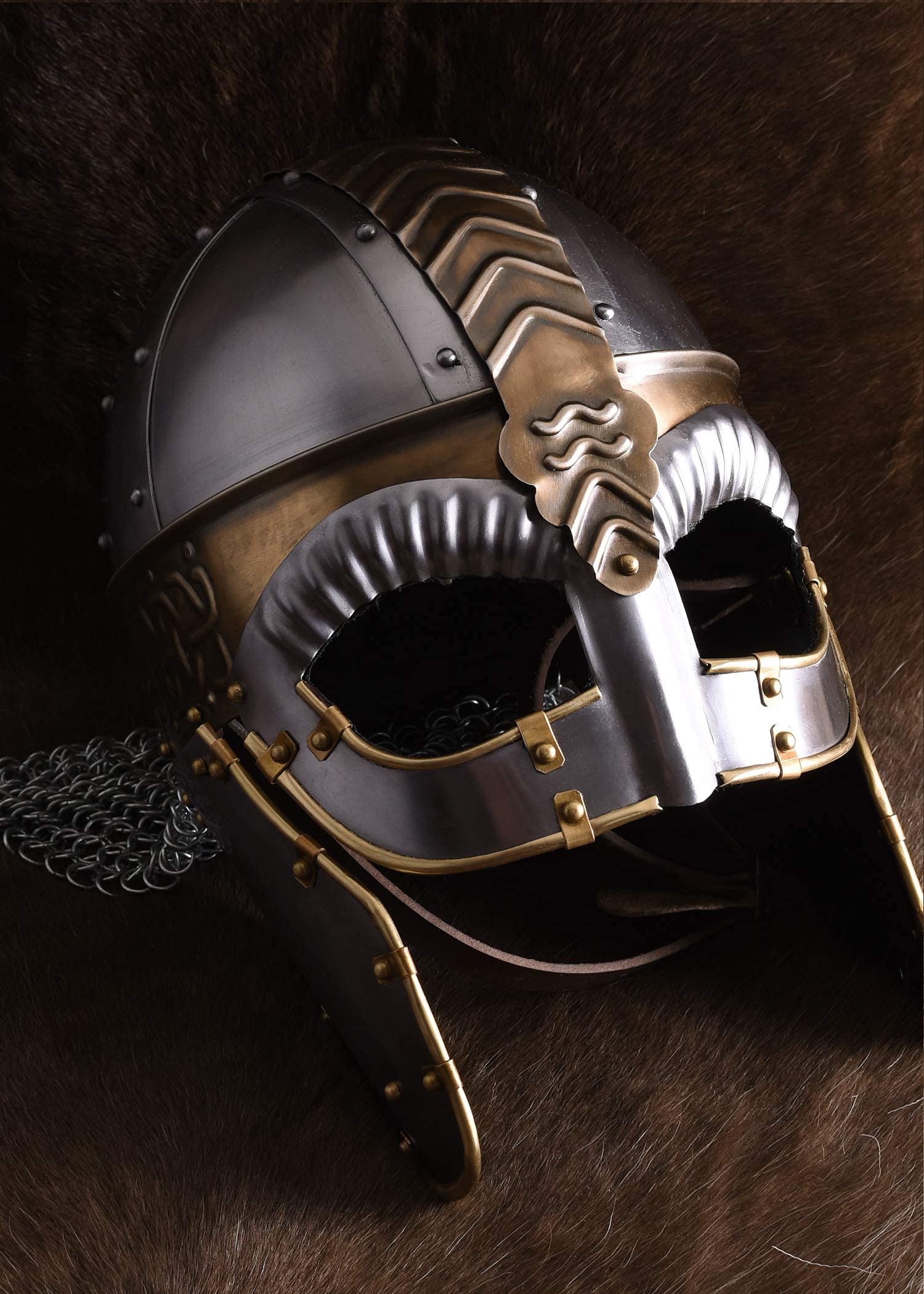 Battle-Merchant Brillenhelm Beowulf mit Wangenklappen und Kettenbrünne mit verstellbarem Lederinlay - Wikingerhelm aus Stahl für Erwachsene