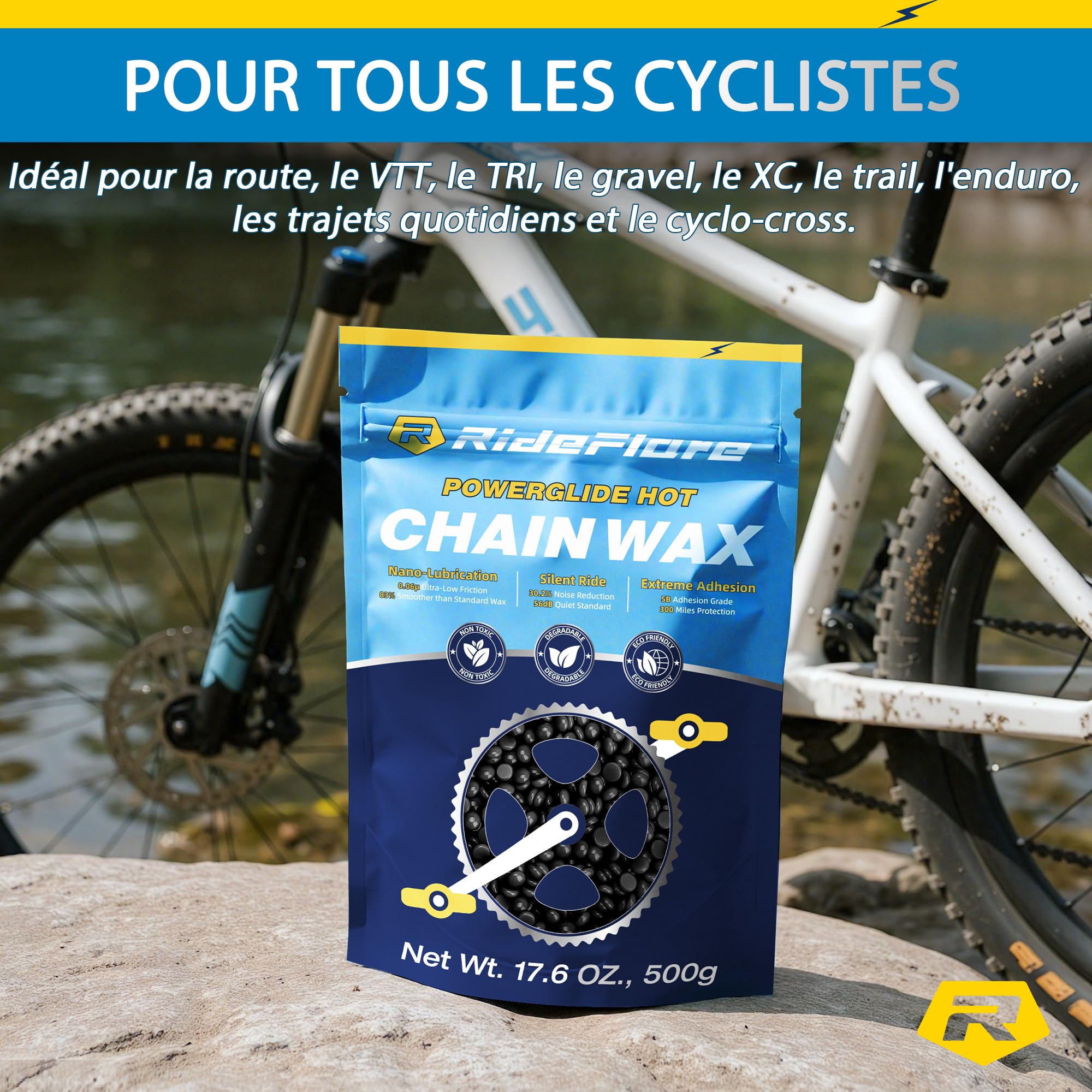 RideFlare Premium Cire pour chaîne 500g – Lubrifiant à chaud pour chaîne de vélo avec formule ultra-faible friction – Cire pour vélo durable et écologique pour une protection supérieure du groupe
