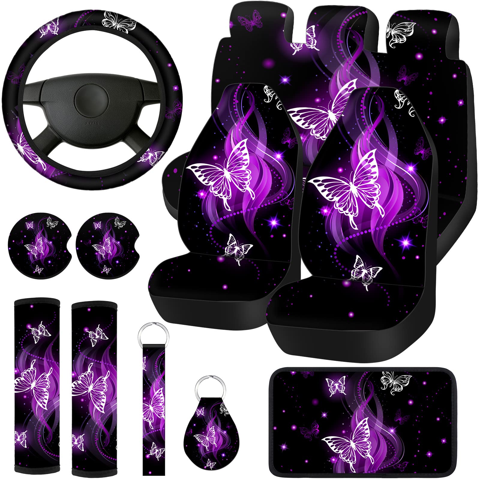 15 Pcs Butterfly Car Seat Covers Full Set Butterfly Car Seat Covers for Car Front Rear Seat Covers Steering Wheel Cover Wrist Strap Coasters Armrest Pad Shoulder Pads (Purple Glitter Butterfly Style)