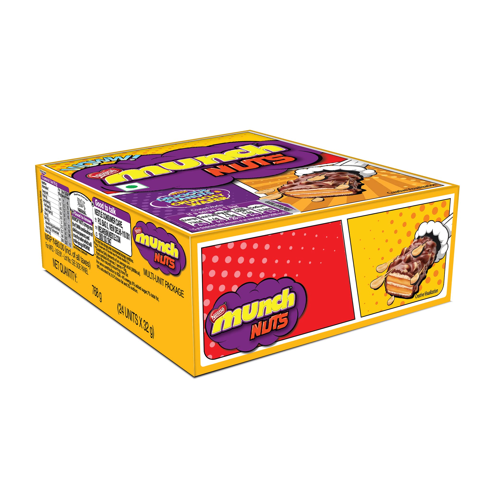 Nestle Munch Nuts Chocolate Coated Crunchy Wafer, 768 gm, (24 Units x 32gm) (Greybox pack)