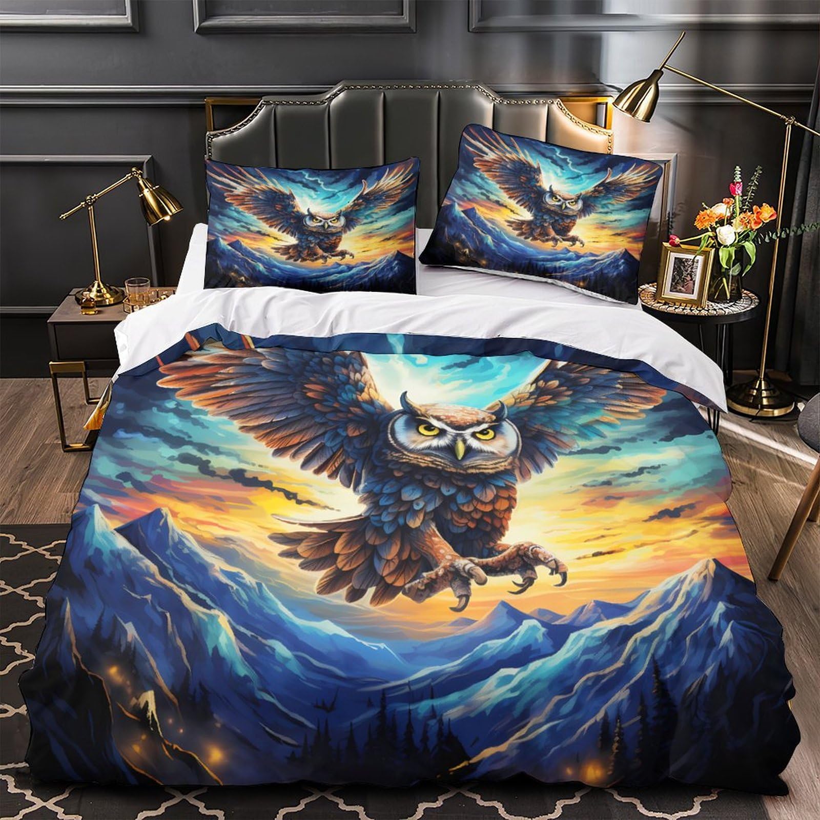 Housse de couette hibou volant en microfibre 140x200 cm pour lit simple ado