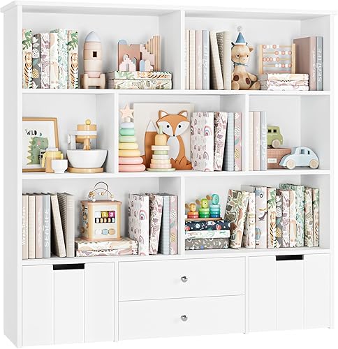 FINETONES Organizador de almacenamiento de juguetes, estantería grande para niños con 4 cajones y 7 cubículos, organizadores de juguetes y