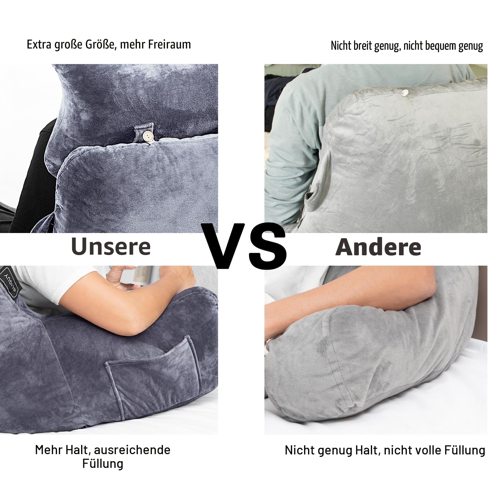 SLIGUY Lesekissen zum Sitzen im Bett Couch Erwachsene, Rückenkissen mit Taschen, Rückenkissen für Erwachsene Bettstuhl für Bettruhe, Lesen, Fernsehen, Gaming Dunkelgrau