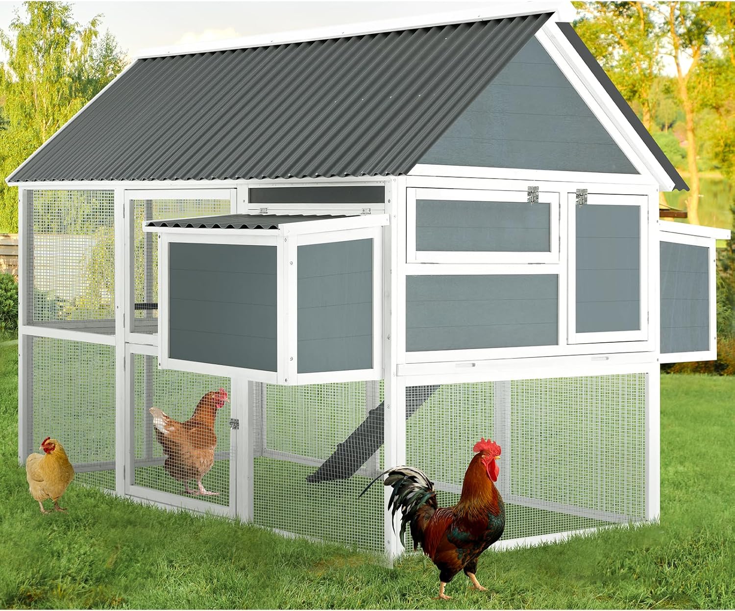 AECOJOY 84" Large Chicken Coop 8-10 Chickens, Chicken Coop with Run, Outdoor Hen Fence Poultry Pet Hutch Run Cage w/Waterproof Roof, Ramp, 2 Large Nesting Box, Wire Fence for Backyard, Grey